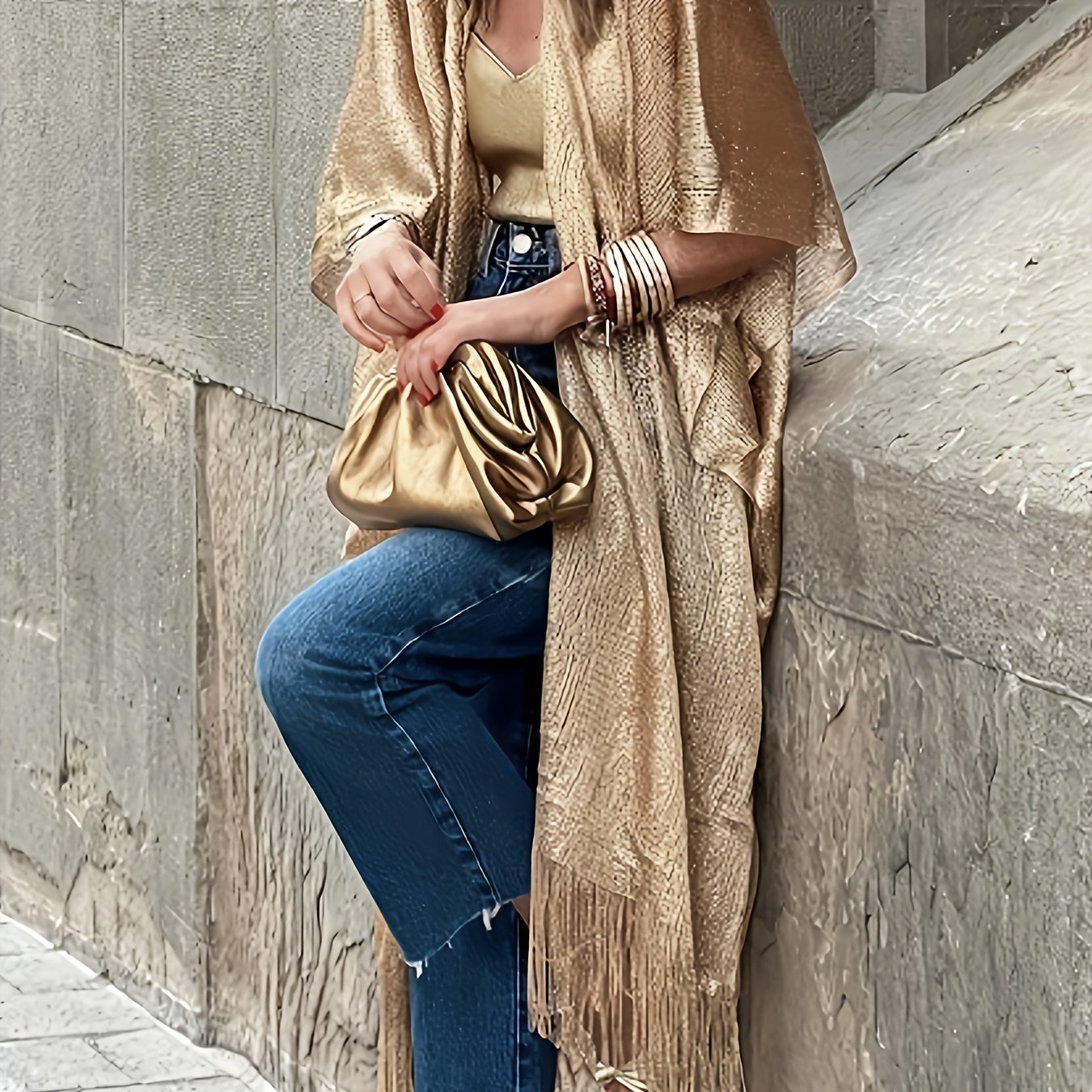 Image of Plus Size, Plus-size Luxury Golden Fringe Cardigan Evening Gown Shawl