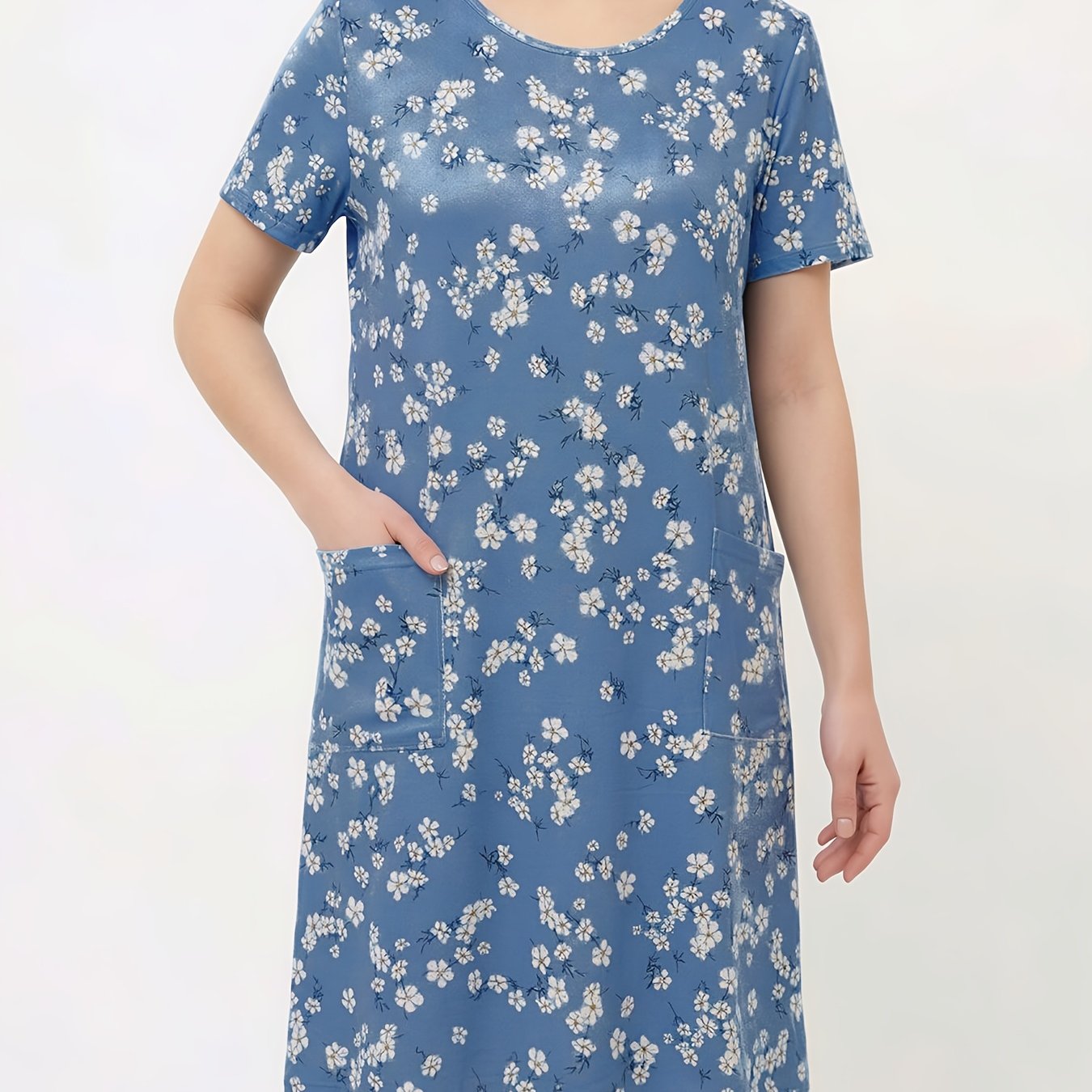 TEMU Elegant Women's Outing Dress, Light Blue White Flower Print Vest Dress With Pockets, Floral Dress Suitable For Casual Gatherings