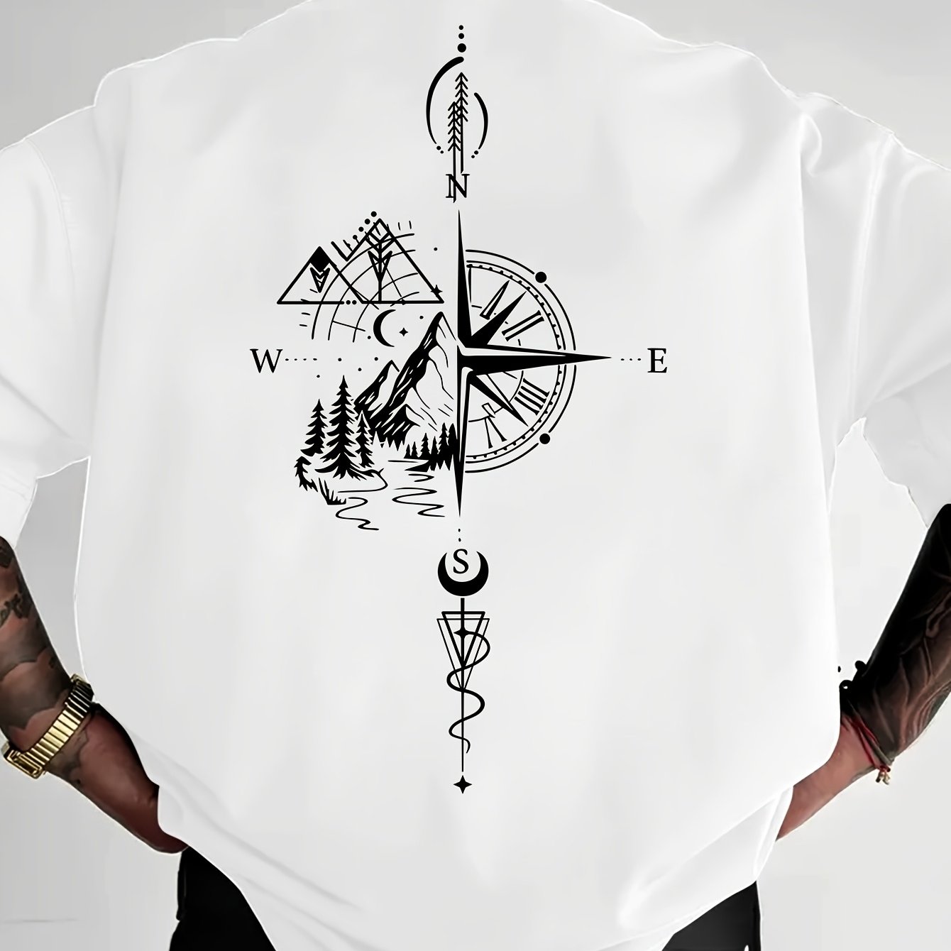 TEMU Geometric And Hill Pattern Print Men's T-shirt, Street Style, Suitable For Daily Casual Wear, Loose Drop Shoulder Fit, Round Neck Short Sleeve