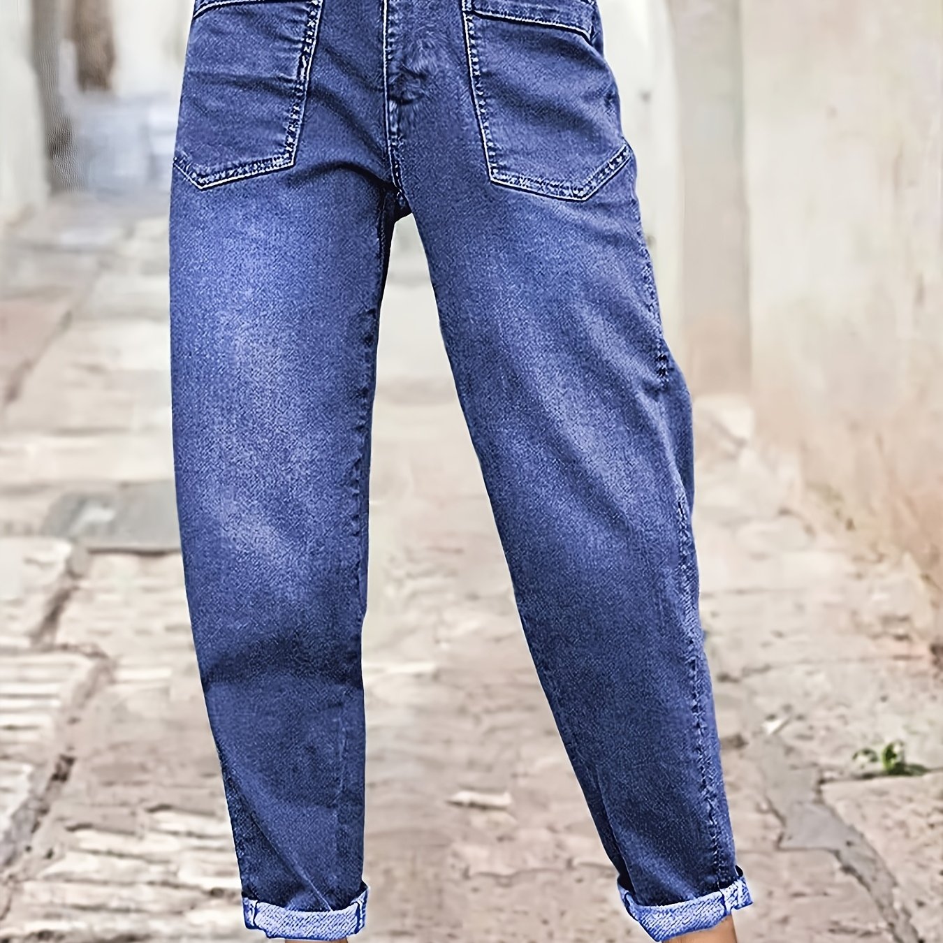 TEMU Women's Stretch Mid-rise Straight Jeans - Olive Green Button-fly Belt Loops Slash Pockets Jeans For Casual & Semi-formal Occasions Women's Baggy