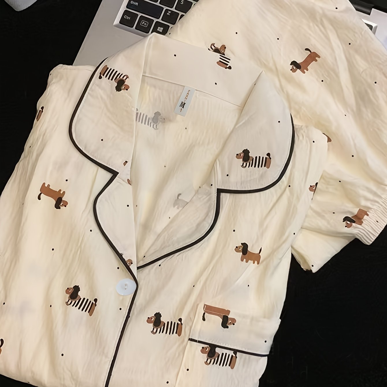 TEMU In-stock Non-stretch Polka Dot Dachshund Pajamas Women's Thin Long Sleeve Long Pants Casual Loose Spring Autumn 2pcs Set Outing Dorm Double Long
