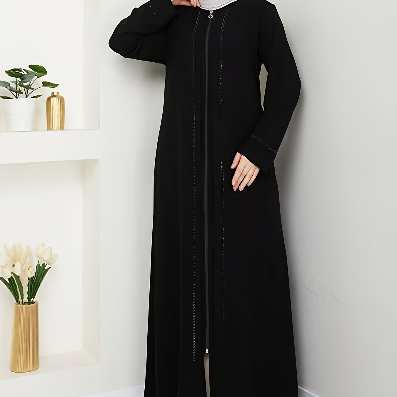 TEMU Middle Eastern Elegant Rhinestone Zipper Robe 8376