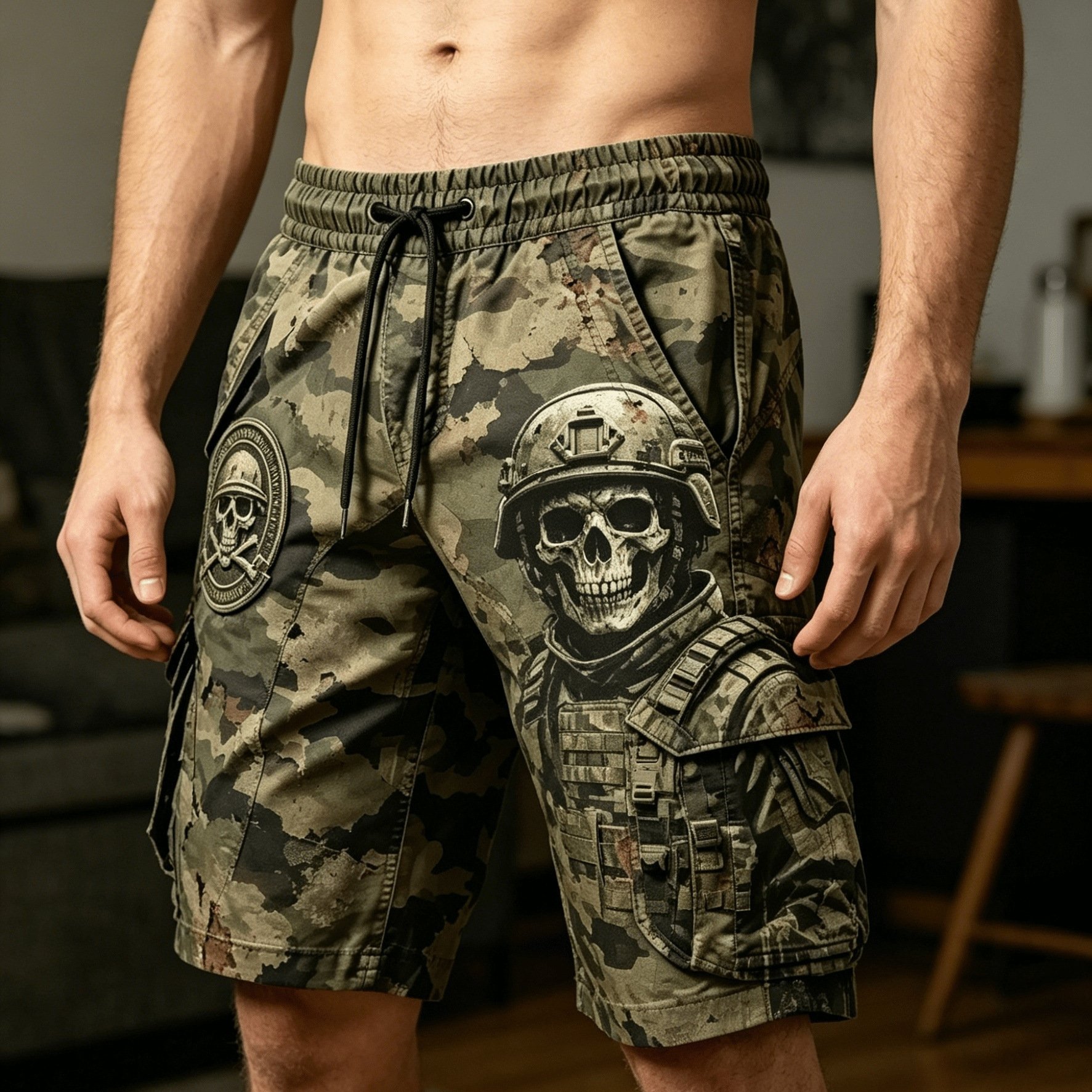 Image of Men's Retro Military Skull Digital Printed Tooling Shorts, Spring And Summer Loose Casual Outdoor