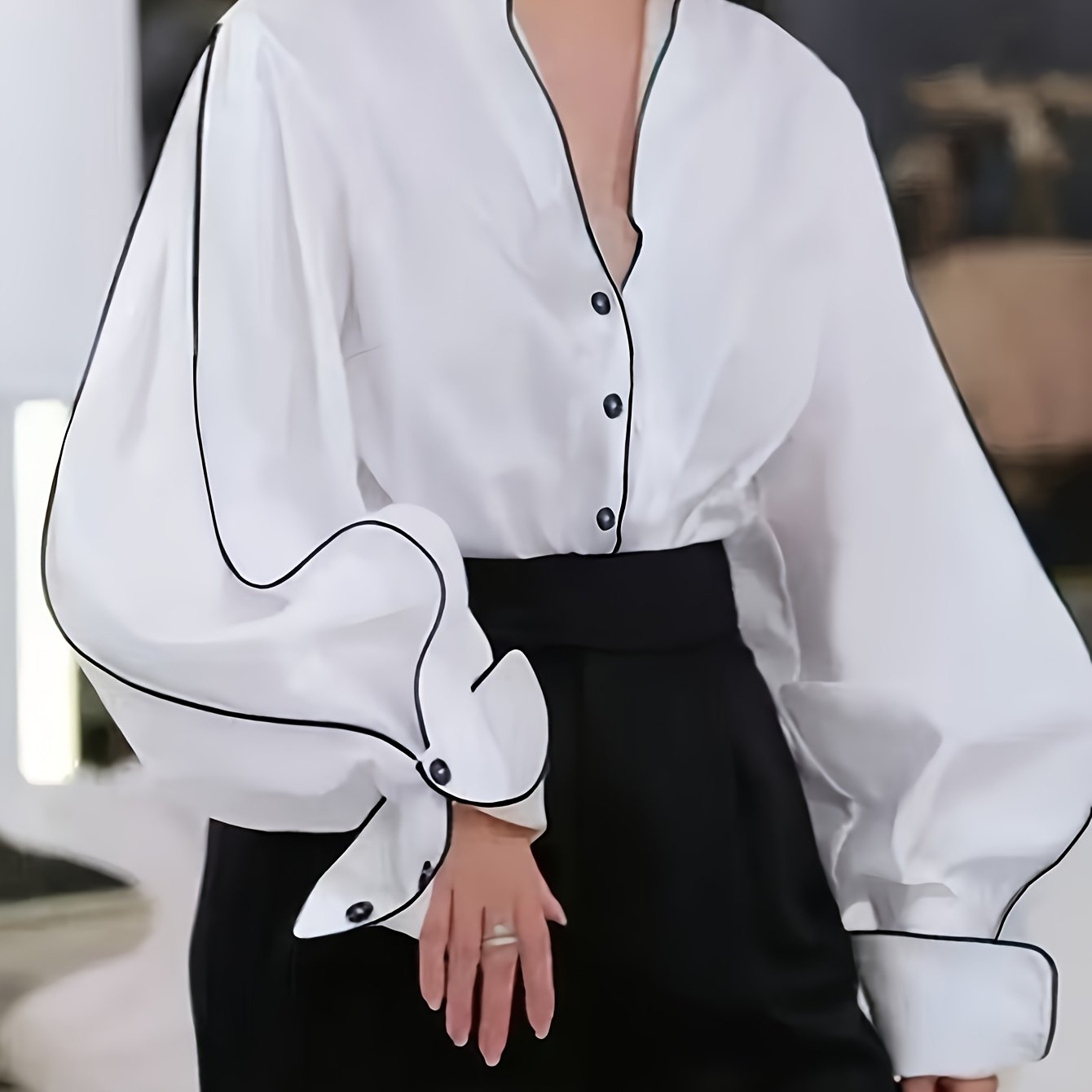 TEMU Elegant French Retro Color Block Stand Collar Open Front Lantern Sleeve Shirt Spring/summer Loose Long Sleeve Top Suitable For Leisure, Office,