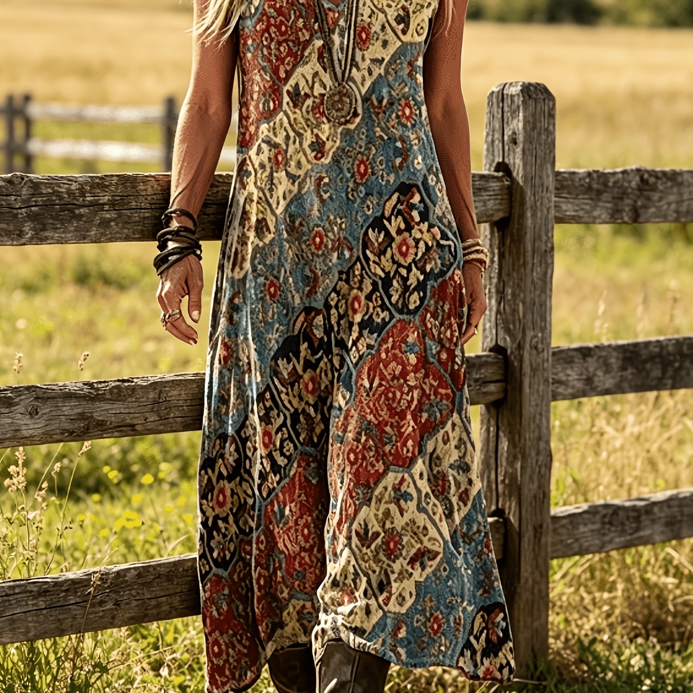 TEMU Spring And Summer Vintage Ethnic Style Printed Camisole Long Skirt Bohemian Style Loose Sleeveless Dress Is A Must-have For Beach Vacations,