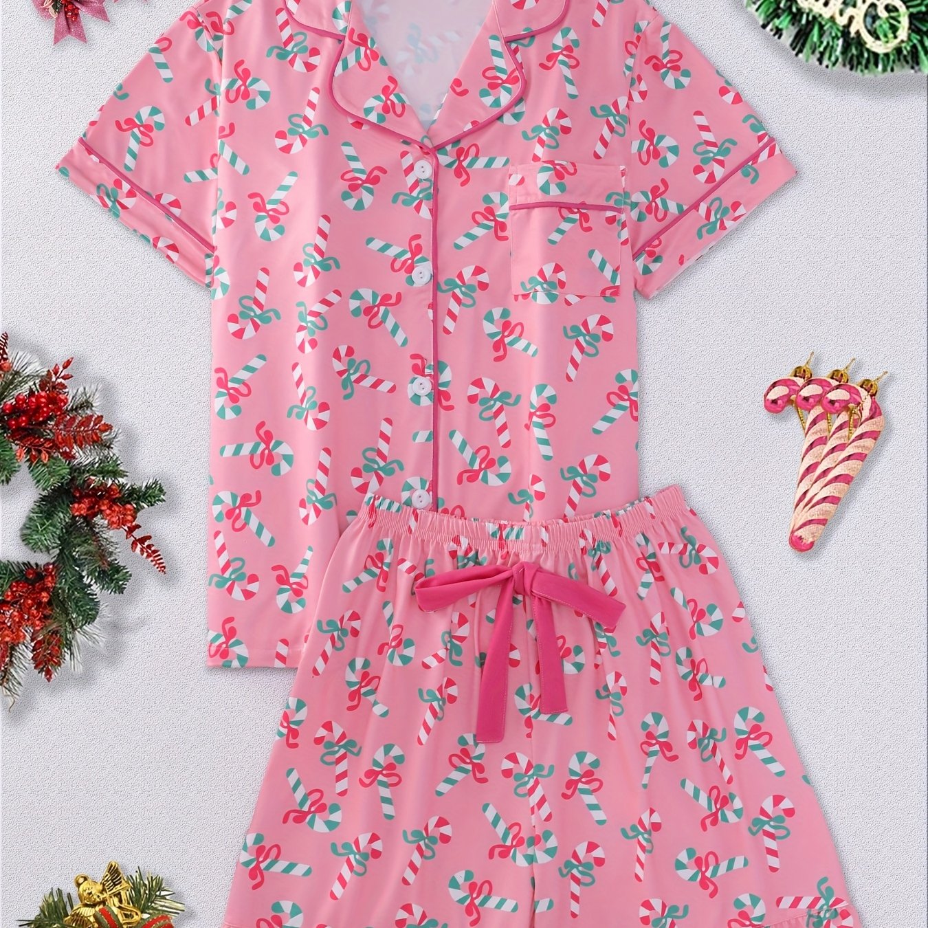 TEMU 2pcs Women's Set, Christmas Candy Cane Printed Short Sleeved Shorts, Comfortable Lapel Home Clothes, Women's , , Breathable, Candy Cane, Super ,