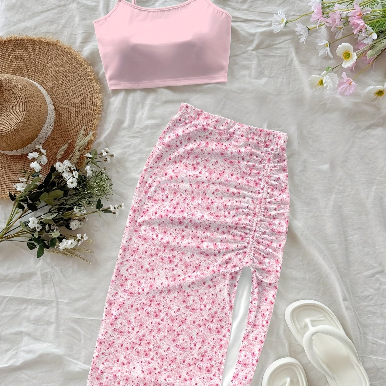 TEMU Women's Fashion Floral Print Short Cami Hip-skirt Dress, Casual Vacation Cami Set