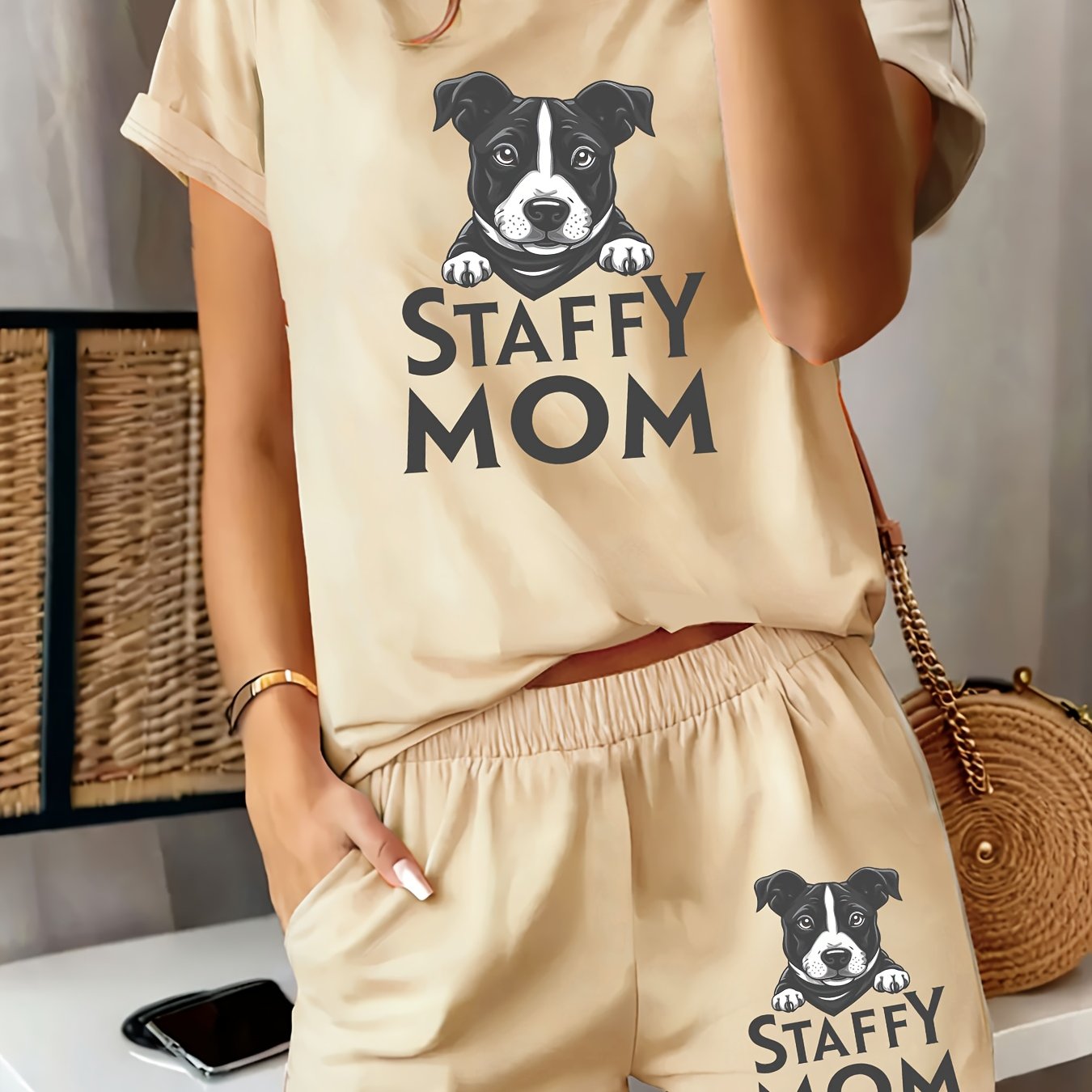 TEMU 2pcs Set Of Fashionable Home Comfortable Women's Outfits With Dog Pattern And Mom Lettering Round Neck Short Sleeve T-shirt And Pocket Shorts,