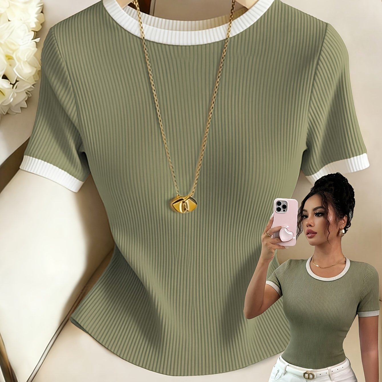 TEMU T-shirt d'été pour femme à manches courtes, col ras du cou, et color-block