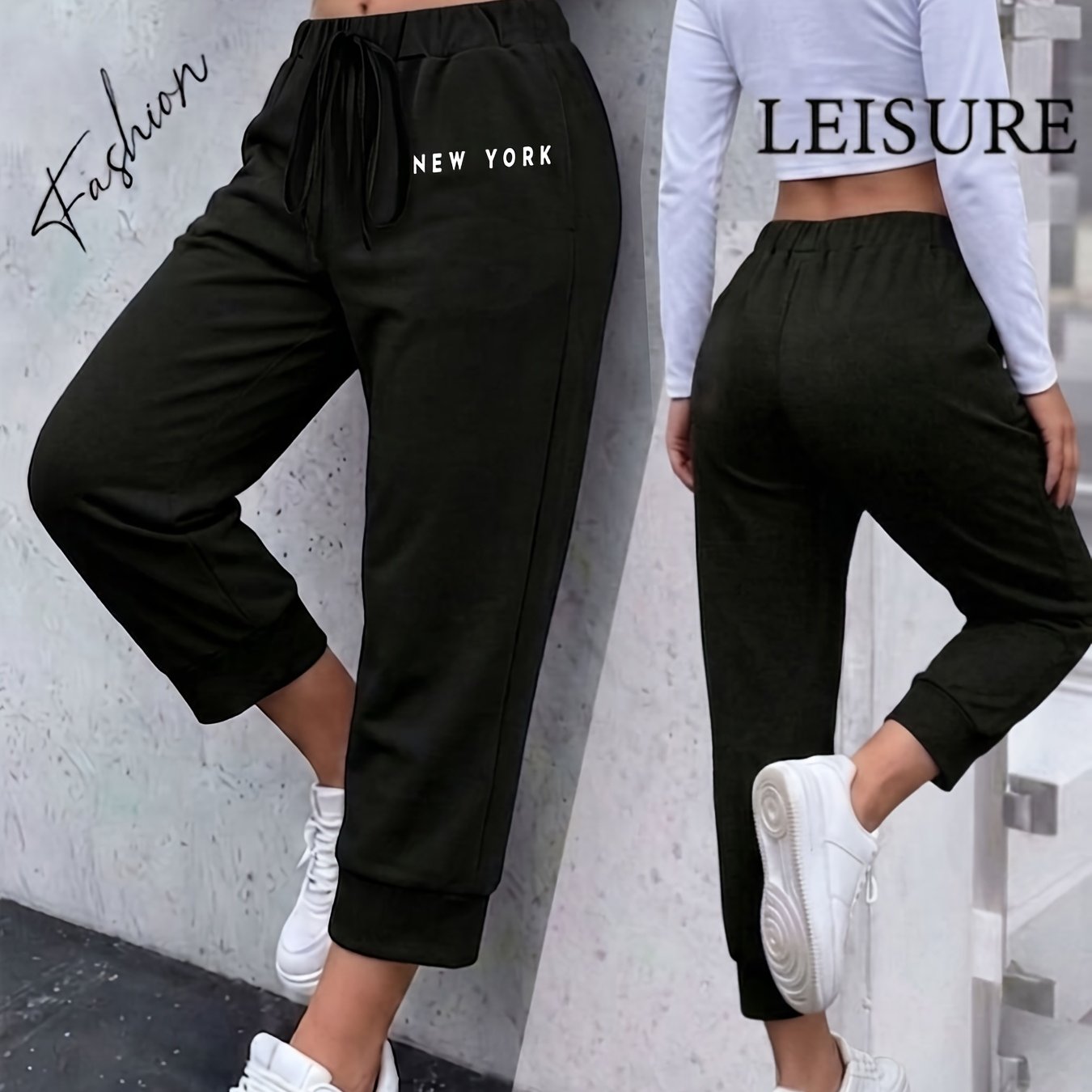 TEMU Summer Women's Geometric Pattern And Letter Print Cropped Sweatpants, High Waist With Drawstring And Elastic, Casual Y Capris