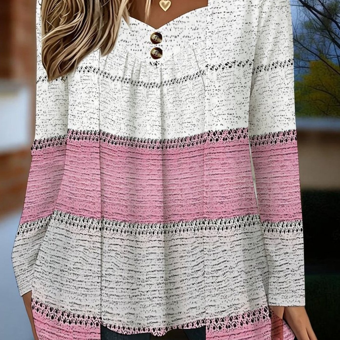 Image of Plus Size - Plus-size Women' Neck Long Sleeve T-shirt With Print, Double-layered Front Panel, Soft Fabric, Relaxed Fit, Graphic T-shirt