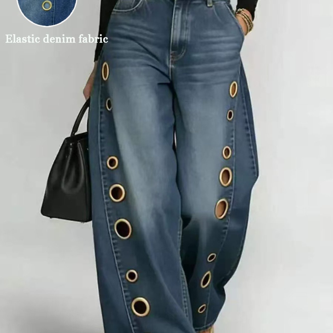 TEMU Women's Retro High Elasticity Denim Pants With Metal Circles Design- Long Versatile Jeans For Women, High-waist Trousers, Trendy Womens Clothes