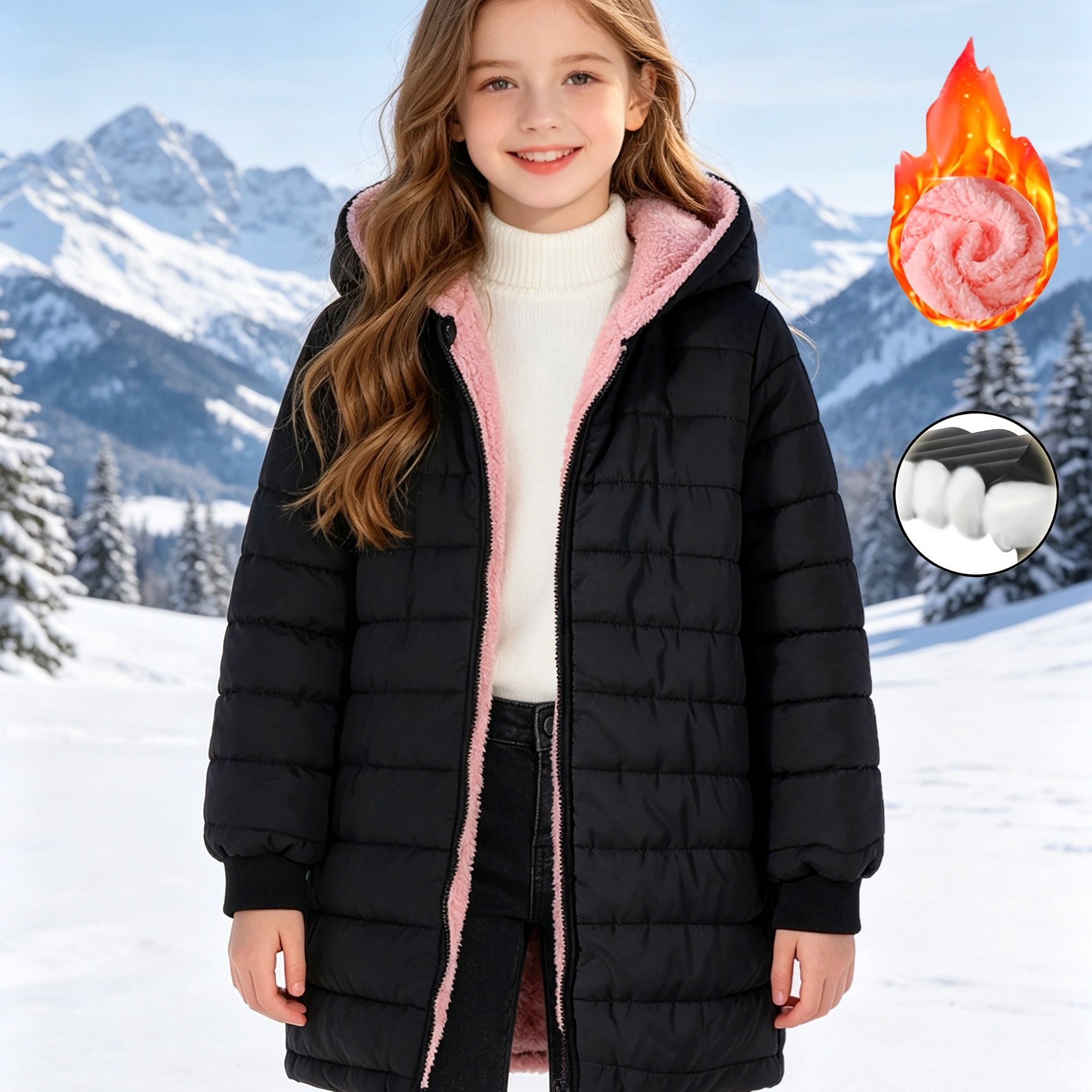 TEMU Girls' 130-170 Size Winter Daily Wear Solid Color Fleece-lined Warm Hooded Ribbed Long Sleeve Mid-length Jacket