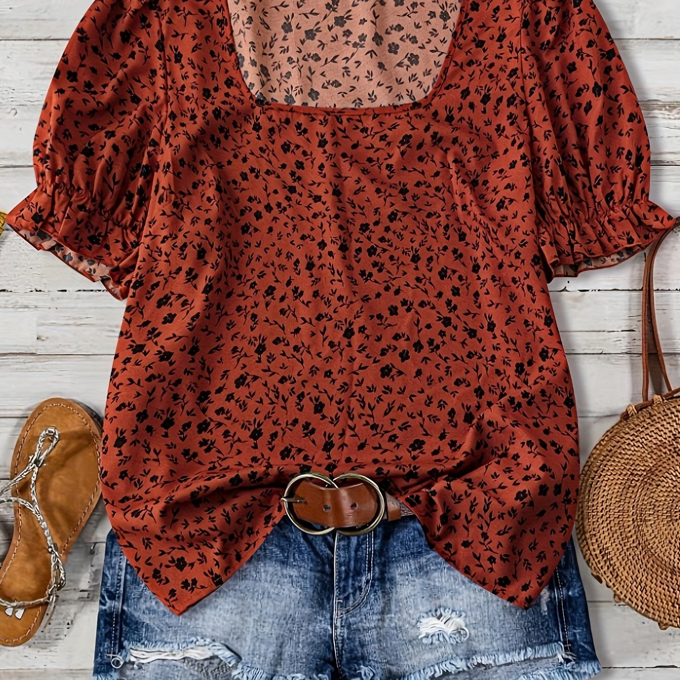 TEMU Women's Plus Size Elegant Floral Ruffle Sleeve Square Neck Blouse, 100% Polyester Non-stretch Woven Shirt For Casual Wear