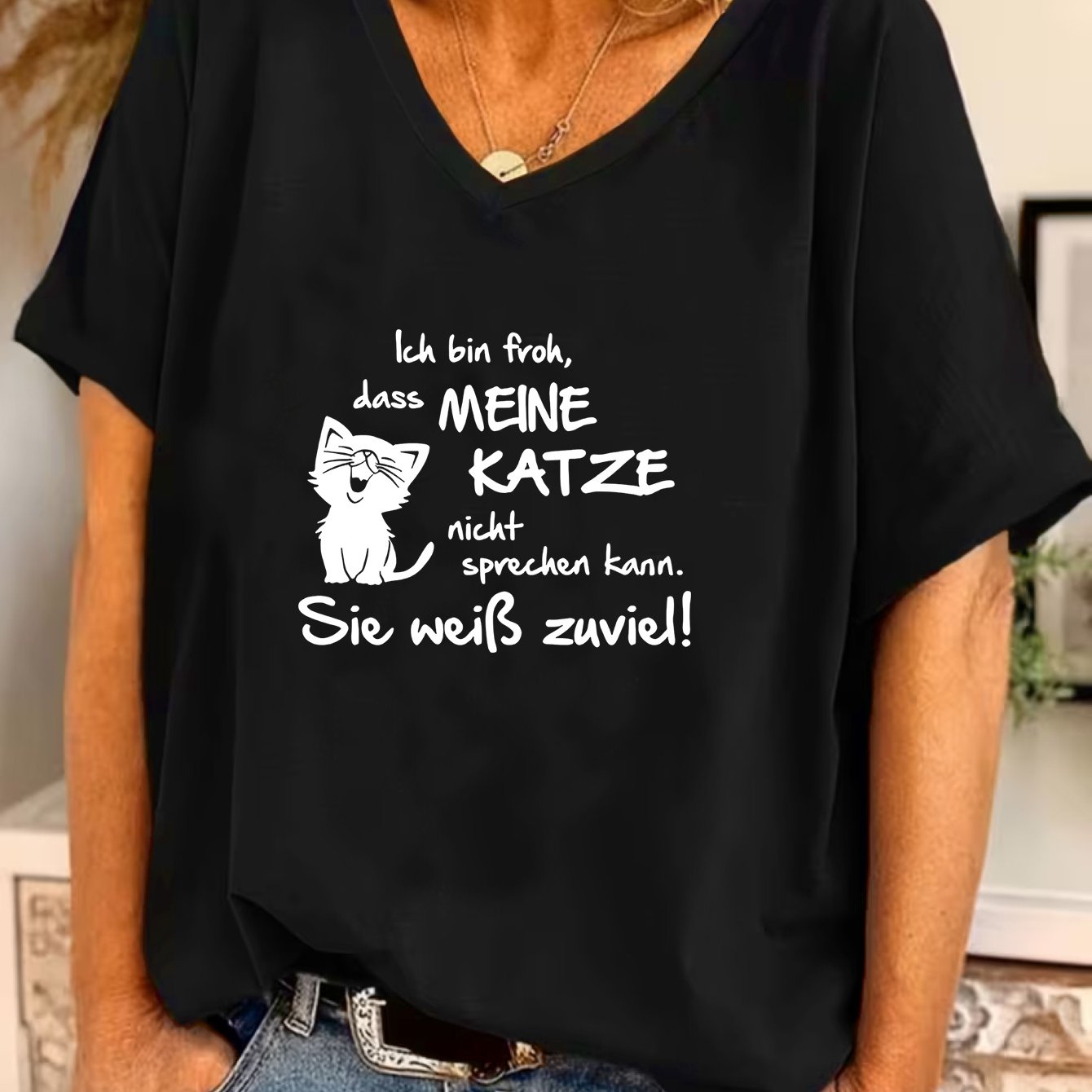TEMU Plus Size - Plus Size - Plus Size Women's Cute Cat & Letter Printed Loose Short Sleeve V-neck T-shirt, Elegant And Fashionable, Batwing Sleeve