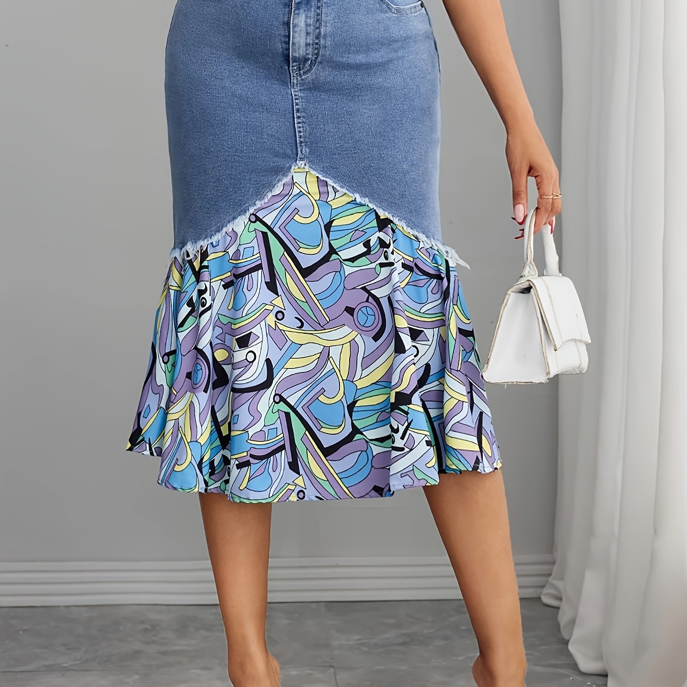 Vintage Elegant Stretch Denim Skirt With Chiffon And Irregular Hem, Fishtail Wrap Skirt