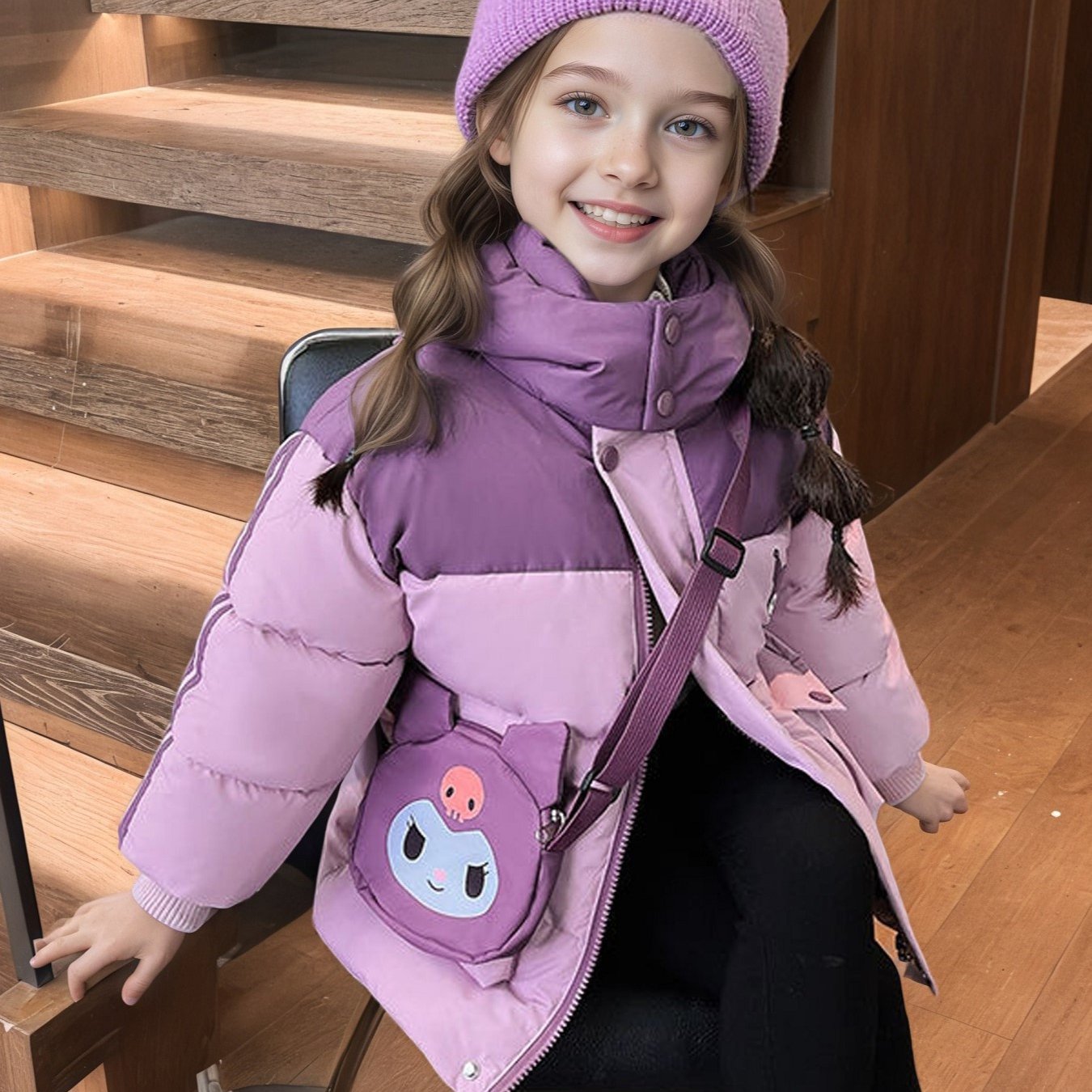 Image of Licensed Kuromi Double-sided Print Girls' Winter Warm Jacket Coat Purple Pink Dual-color Fiber Fashion Soft Comfortable Warm Gift Kuromi Small Bag Cartoon Cute Hooded Bread Coat