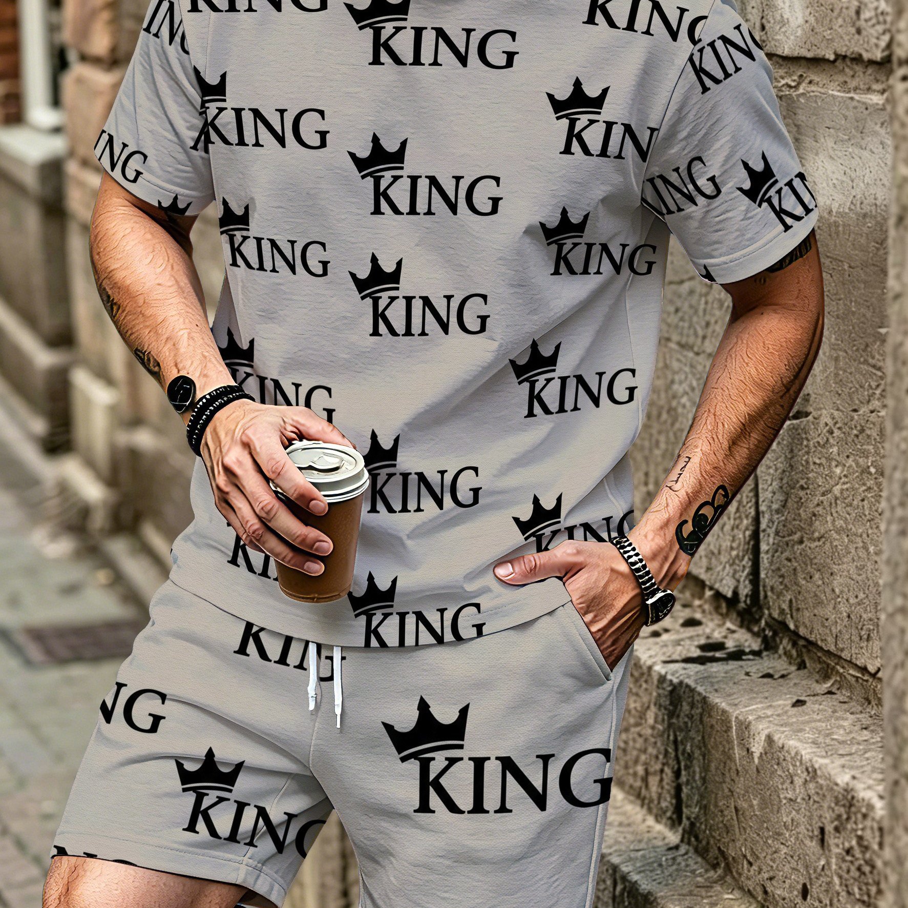 TEMU Men's 2pcs Casual Round-neck Short-sleeved T-shirt And Short Pants Set, Men's 2pcs Casual Short Pants Set, Men's Beachwear Set, Men's Casual