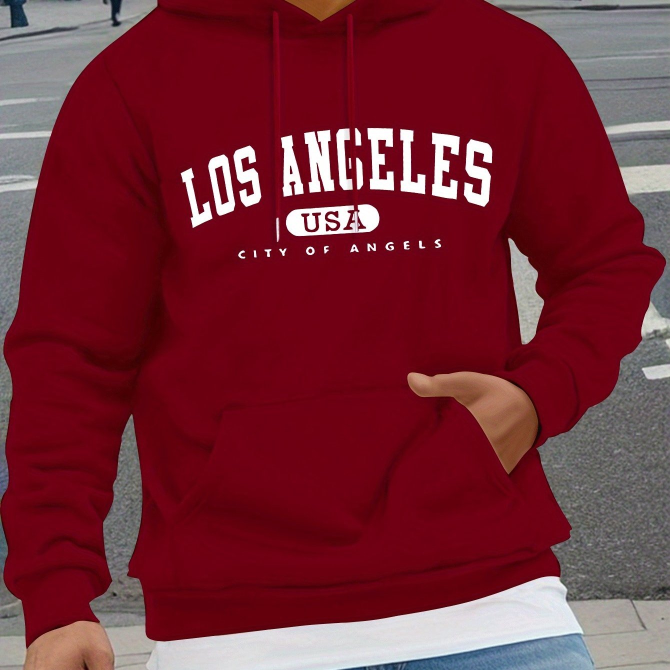 TEMU LOS ANGELES Impression, Sweats à capuche décontractés et confortables pour hommes, Pullover décontracté et confortable à manches longues pour