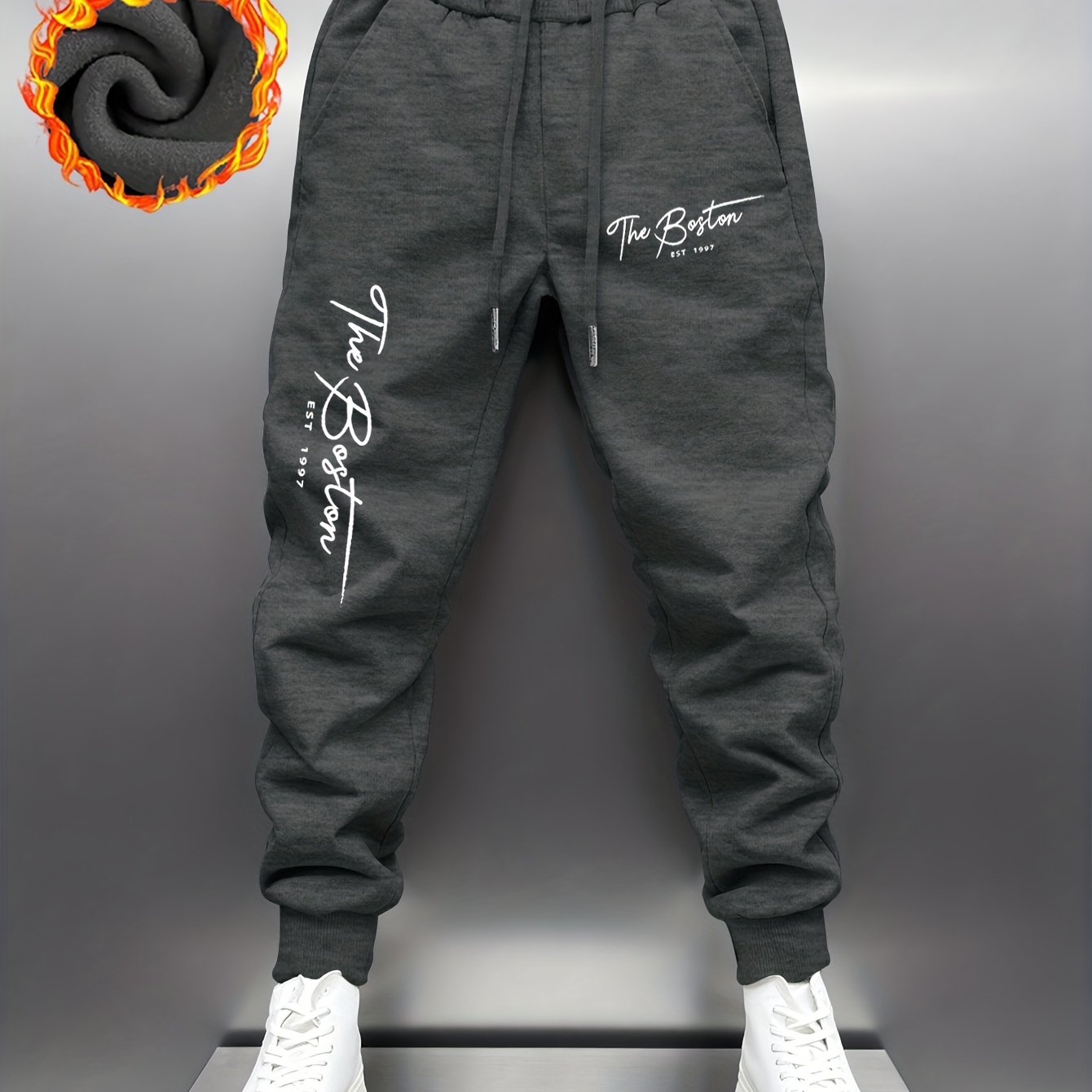 TEMU Trendy Brand Men's Fashion Thick Long Pants Men's Gift Boston City Logo Print Fleece Warm Ankle-cinching Design Winter Trendy Casual Trousers