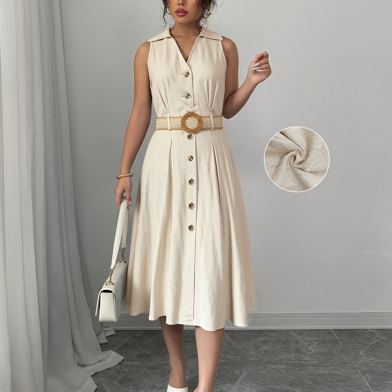 Image of Women's Elegant Linen-textured Sleeveless V-neck Dress With Adjustable Belted Waist - A-line Office Casual Machine Washable Solid Color Versatile Dress, Linen Dress, Casual Attire, Natural Fabric