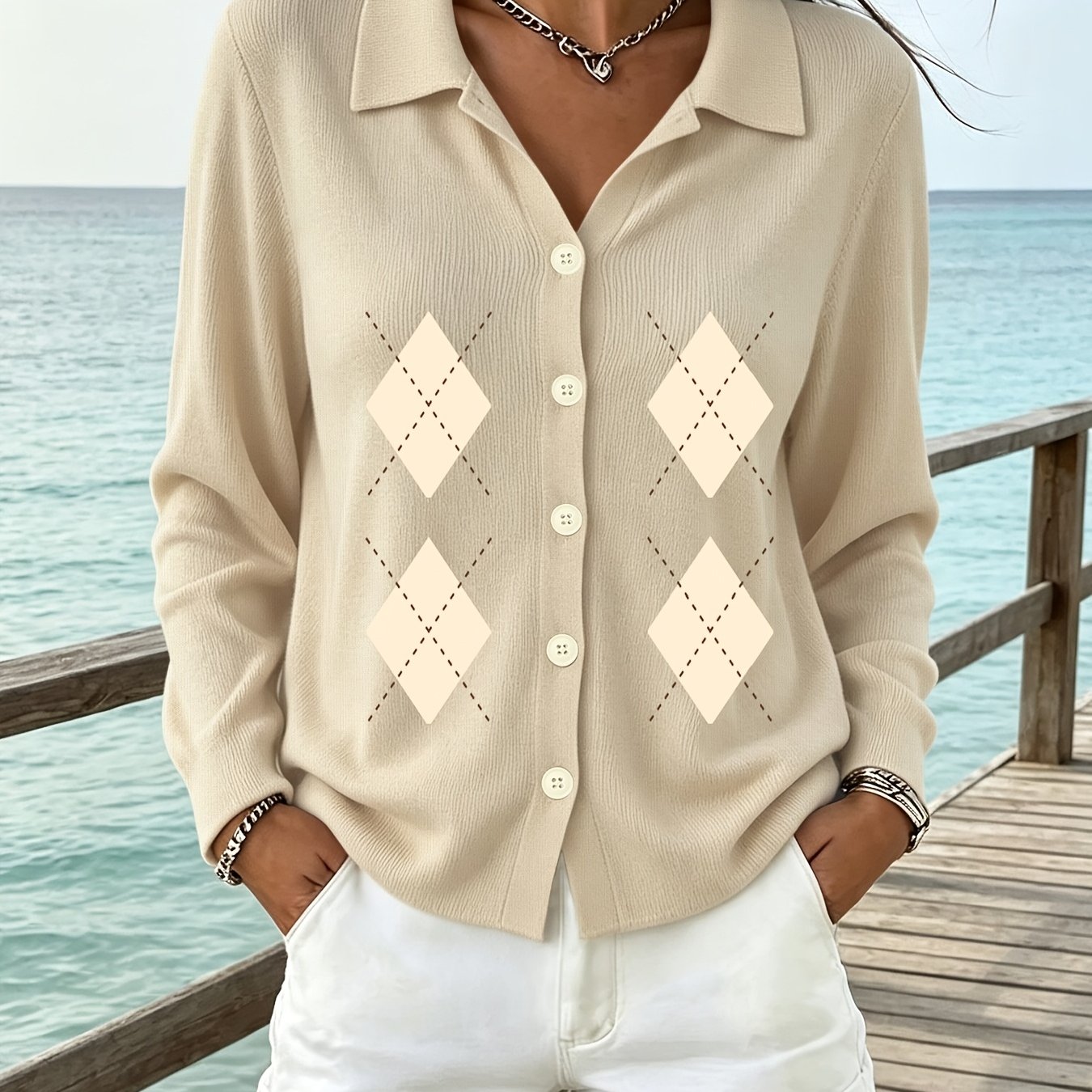TEMU Western Casual Fashion Style Long Sleeve Lapel Sweater, Women'-breasted Button-up Sweater, Casual All-match Top