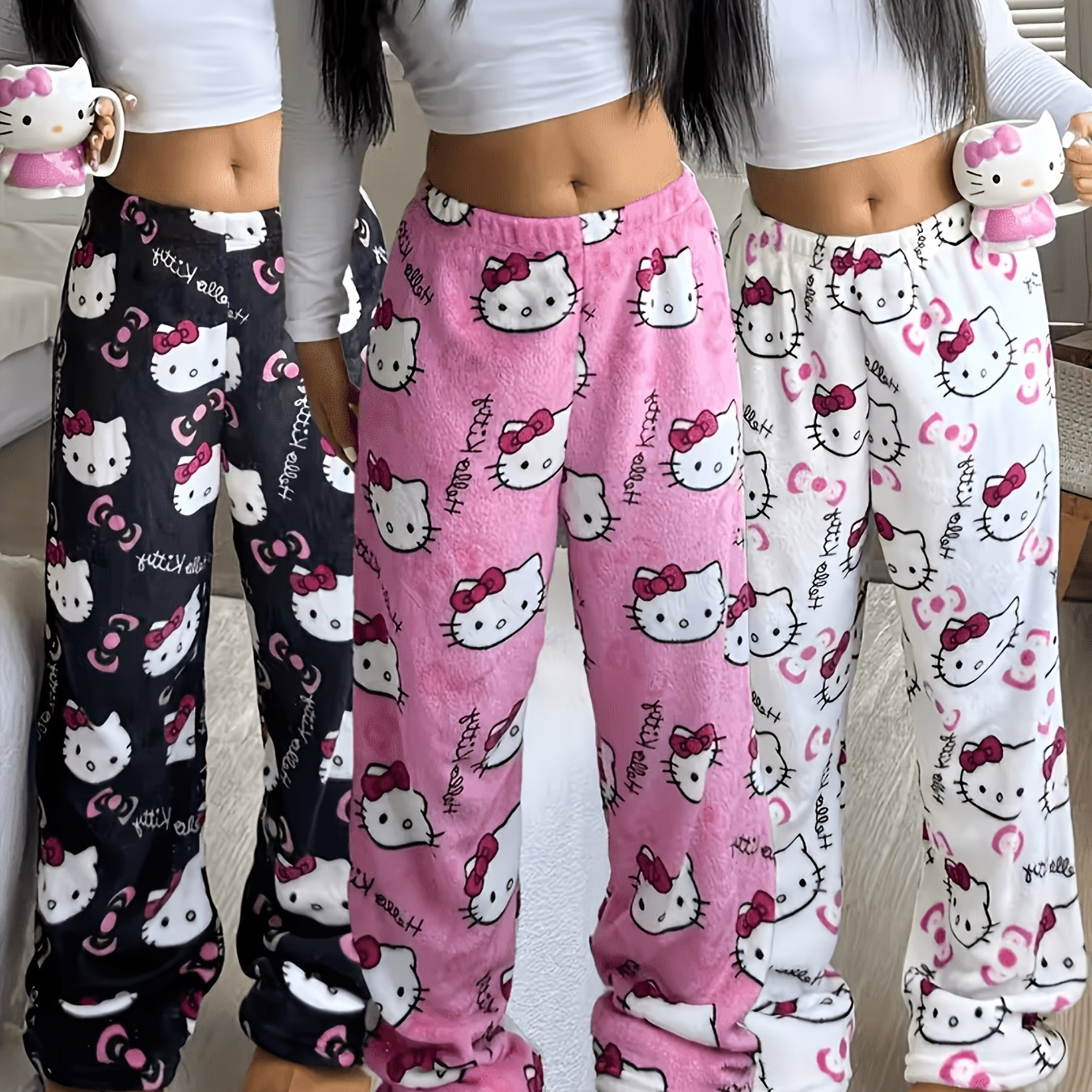 Image of 3-pack Women's Hello Kitty Pajama Pants - Cute Nightgowns With Hello Kitty Face & Details, Soft Flannel Sleepwear Pants Suitable For S (black, Pink, White)