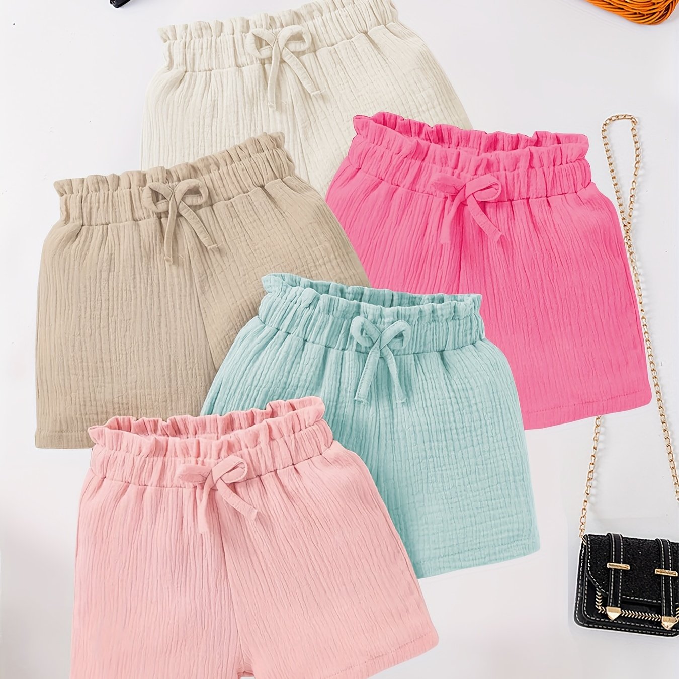 Image of Girls' Pants Summer Pleated Decorative Casual Clothing Shorts Essential Outdoor Activities 5pcs Set, For Outdoor