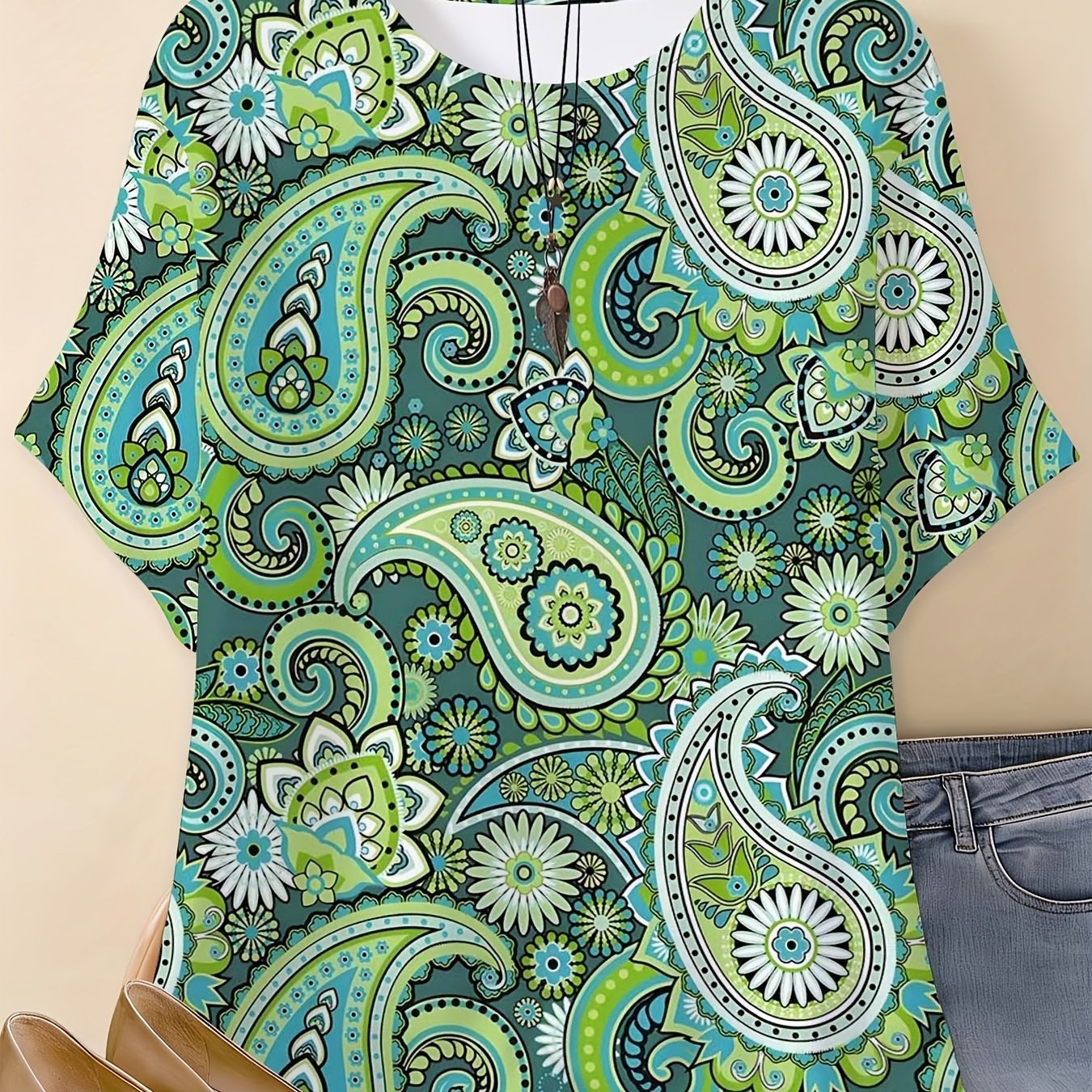 Plus Size - Plus Size - Plus-size Women's Clothing New Year's Women's Round-neck T-shirt, In Sizes 0xl To 7xl, With Green Paisley Floral Print, Suitable For Daily Wear And Going Out