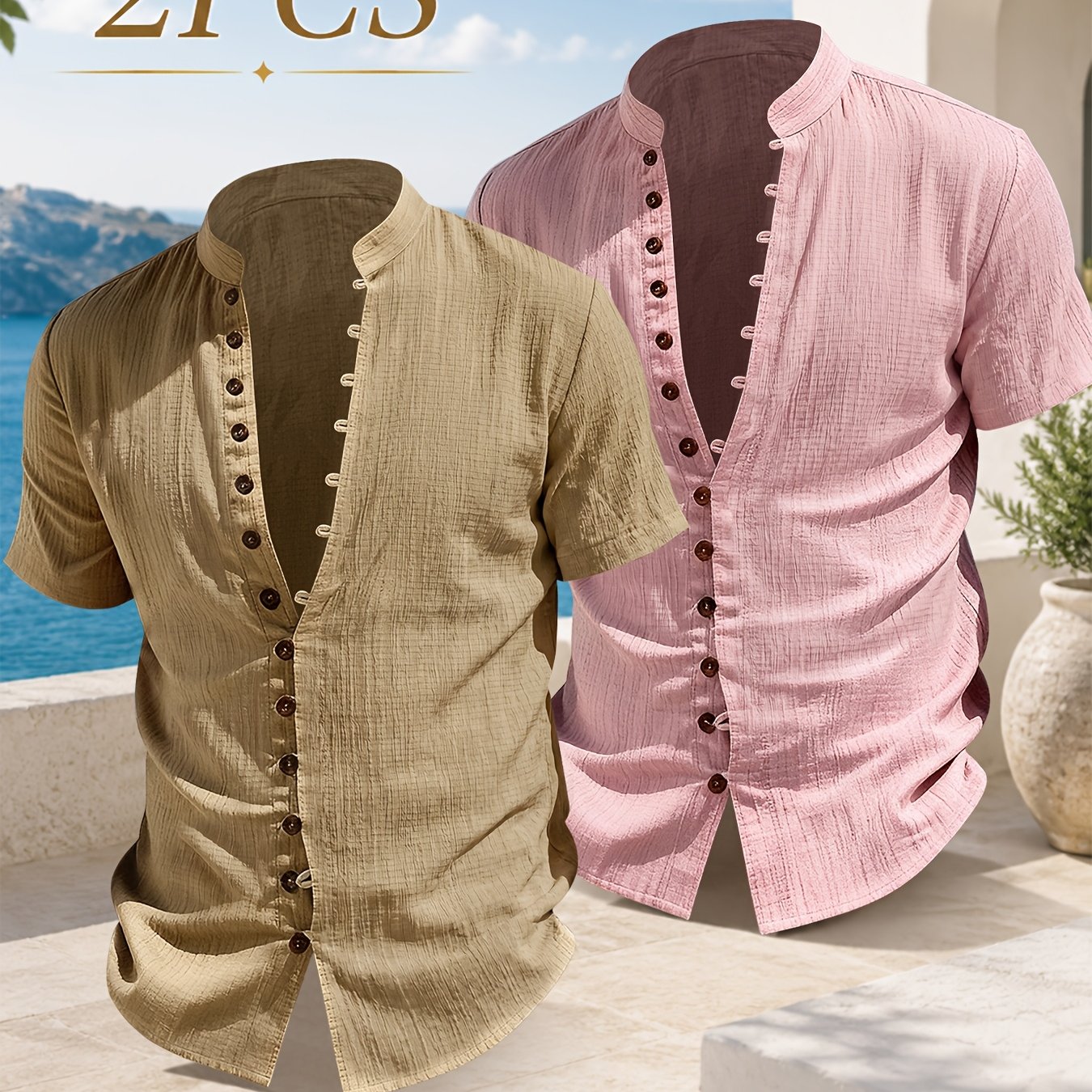 TEMU ['s Obm] 2pcs Men's Summer Short-sleeve Casual Shirts - Lightweight And Breathable Solid Color Stand Collar Shirts With Multiple Buttons |