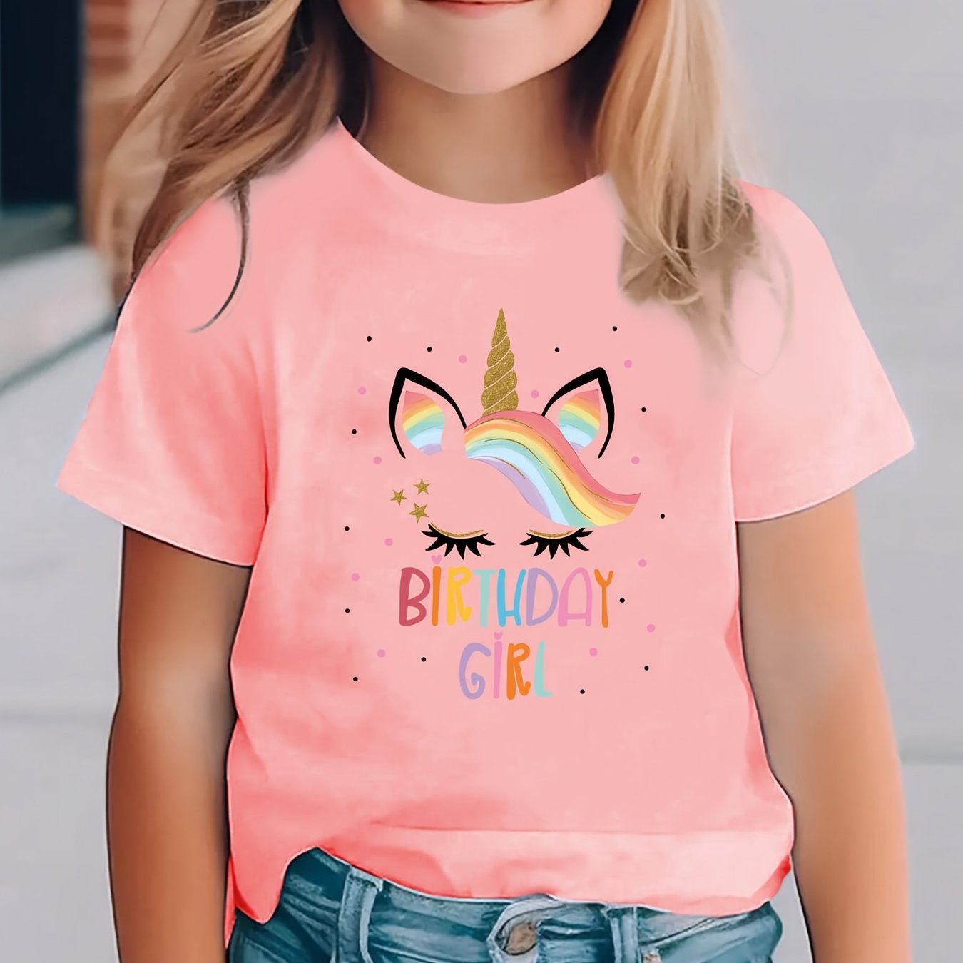 [print Design-not Textured] Summer Fashion Girls' Short Sleeve Birthday Girl Unicorn Cartoon Pattern Top Nydx5667