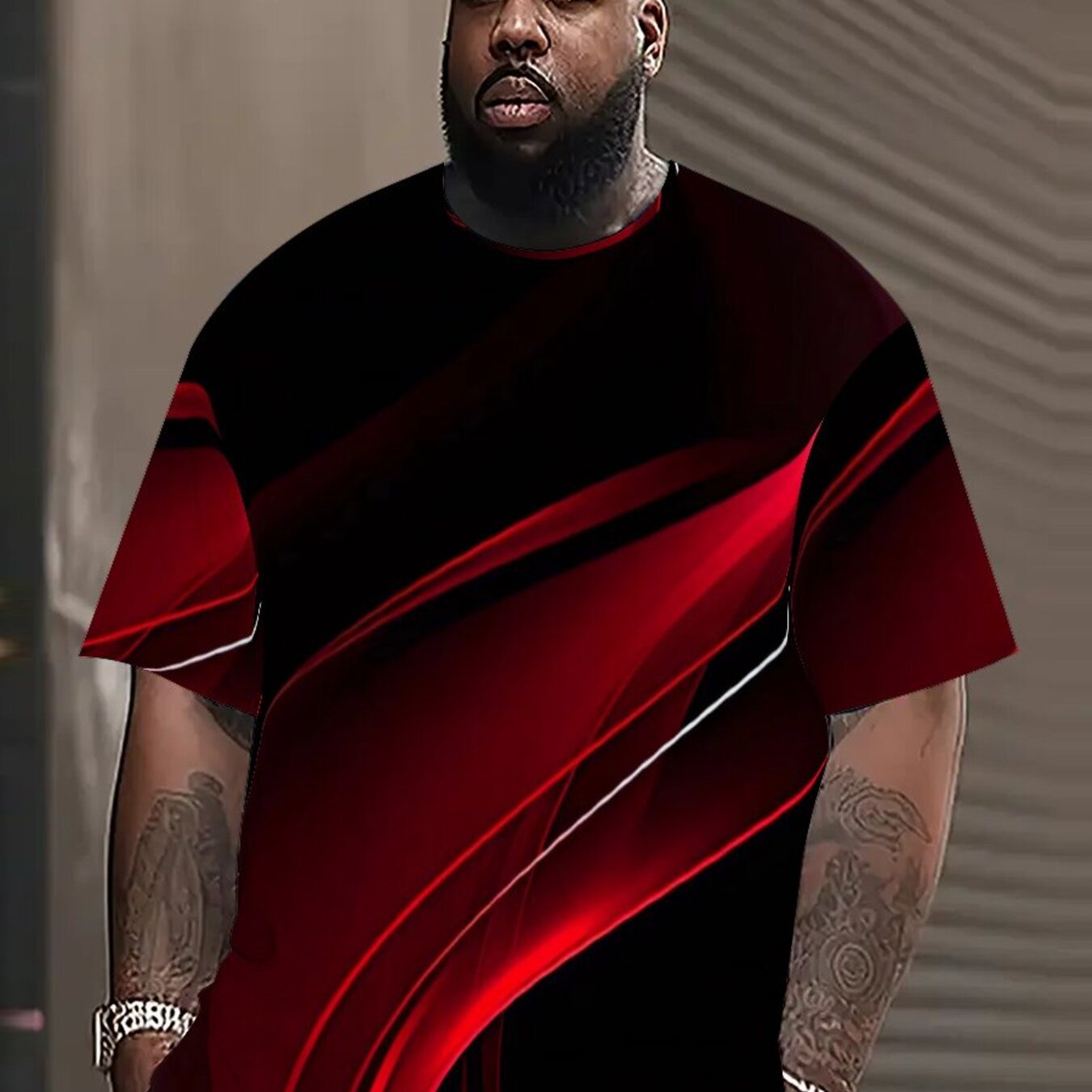 TEMU Red Black Gradient Curved Size Men's Short Sleeve T-shirt, Men' T-shirt, Round Neck Short Sleeve Style, Plus Size, Suitable For Daily Summer