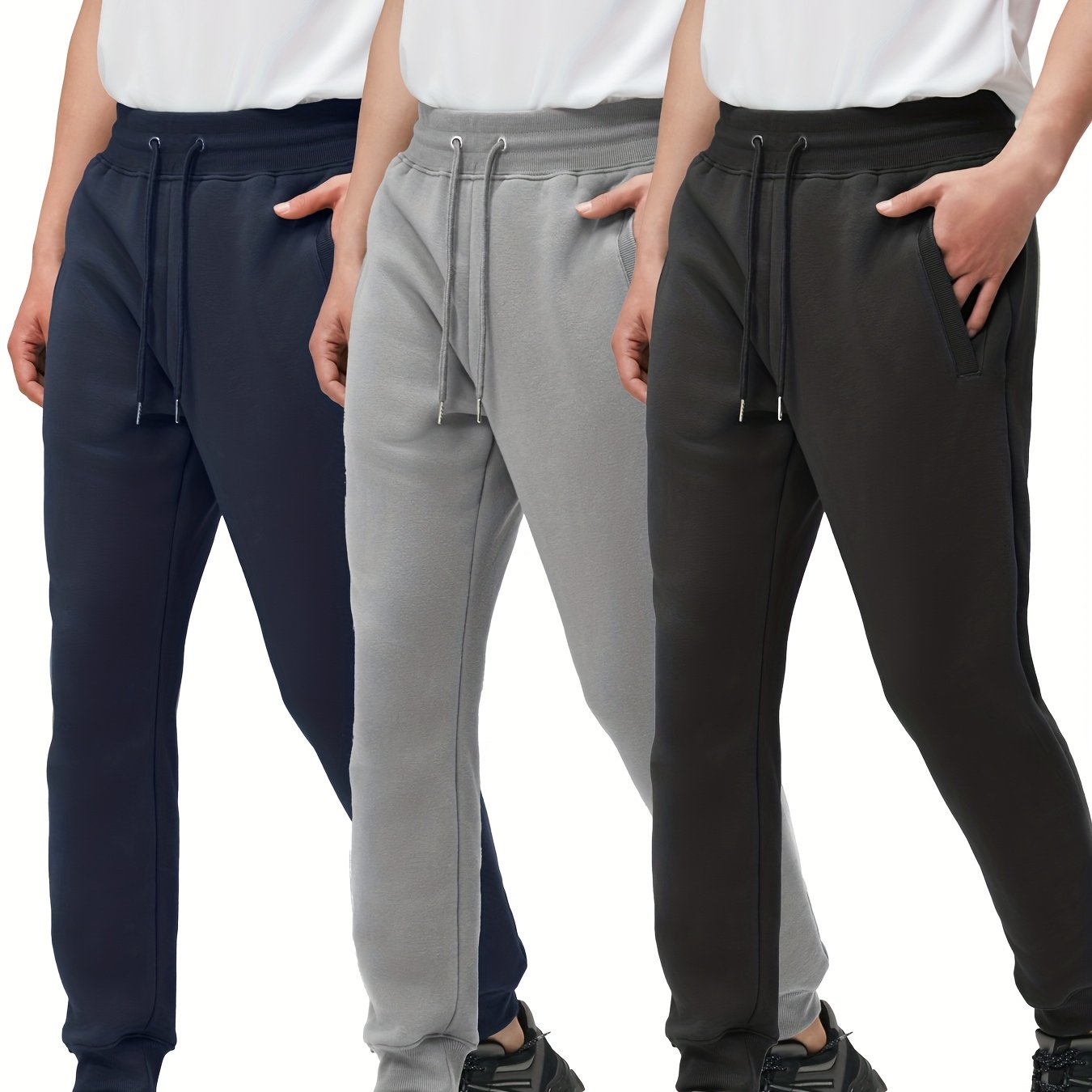 TEMU 3pcs Pack Men's Winter Pants - Brushed Thermal, Loose-fit Casual & Outdoor Pants With Drawstring Belt, Mid-rise Breathable Warm Trousers For Skiing, Snowboarding, Cold Weather (bulk Discount)