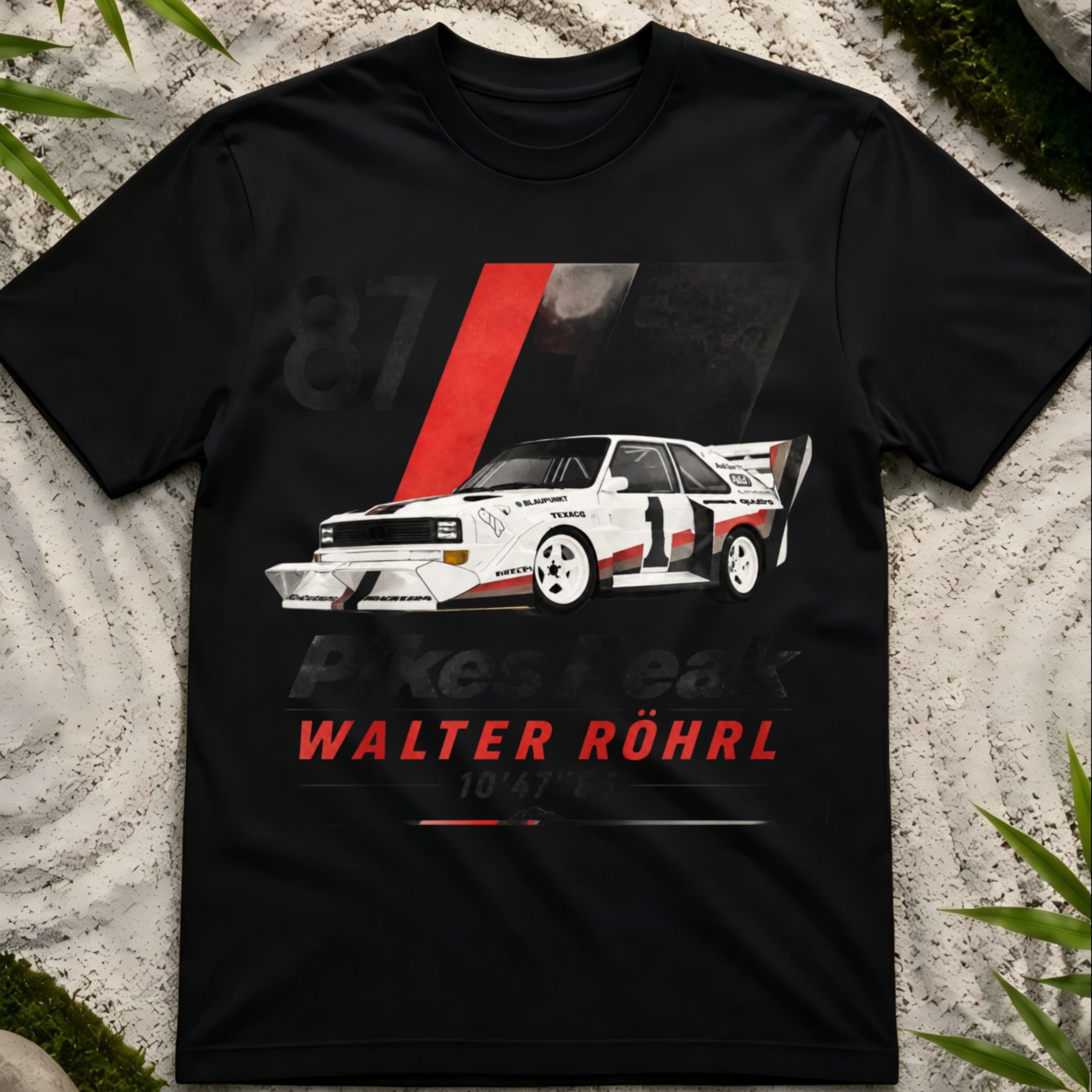 Rohrl Peak Racing T-Shirt 1987 Rallyeauto Grafik mit rotem schwarzen Speed Streifen und Style Unisex All T-Shirt: retailer-supplied image