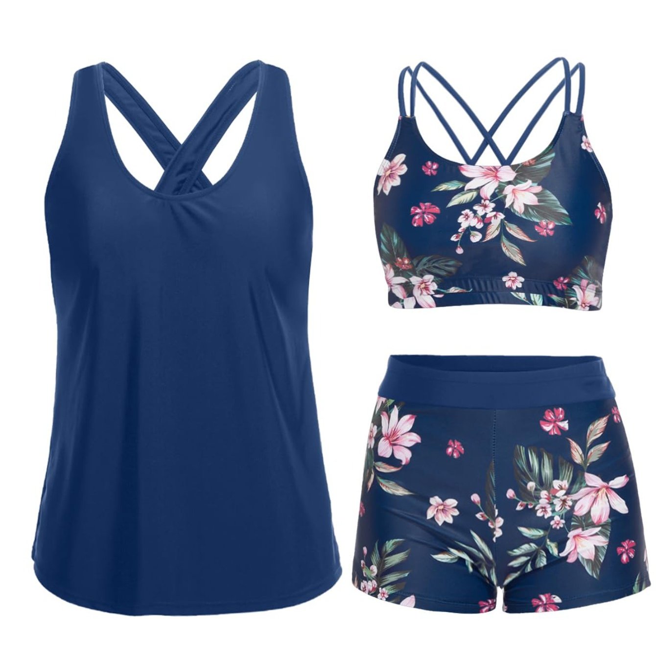 Image of Women's 3pcs Swimsuit - Tummy-control Swimwear With Tank-style Top And -leg Bottoms, Suitable For Teens And Adults