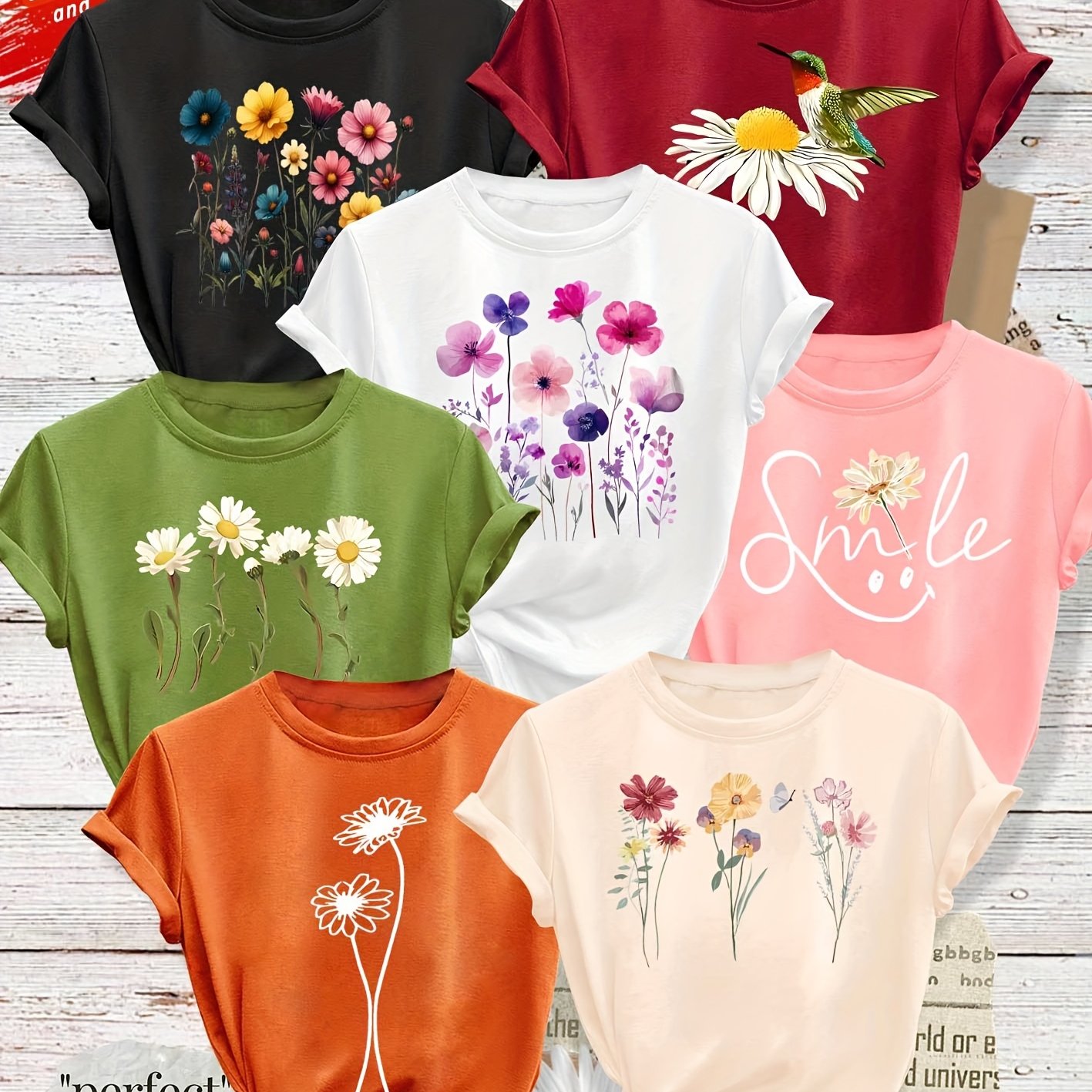 TEMU A Set Of 7pcs Featuring A With Clear Lines And Plant Floral Patterns, This Stylish Vintage Women's Top Is Perfect For Casual Wear , Autumn, And