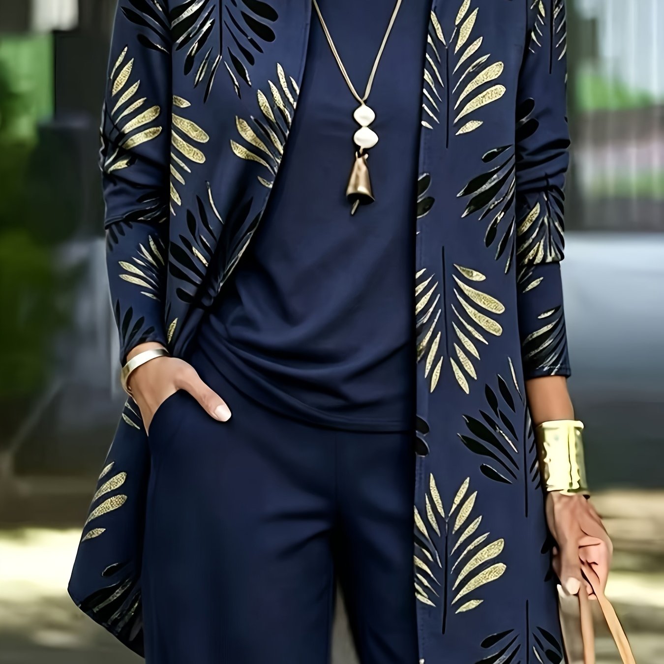 TEMU Plus Size - Plus Size Women's Casual 3pcs Set: Comfortable Solid Vest, Printed Long-sleeve Cardigan, And Loose Casual Trousers, Fashionable