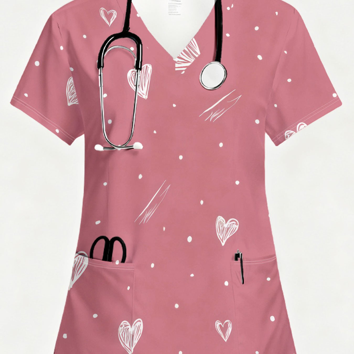 TEMU T-Shirt Femme Col V Doux Rose Imprimé Cœur Intégral - Design Dessiné à , Uniforme de Travail Respirant pour l'Été, Blouse d'Infirmière, Tenue de