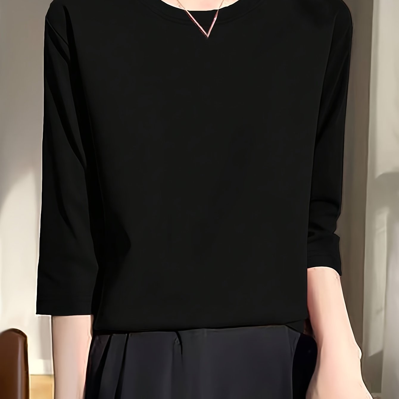 TEMU Spring New Women' Shoulder Round Neck Outer T-shirt Loose All-match Thin Inner Layer Short Sleeve Base Shirt Top
