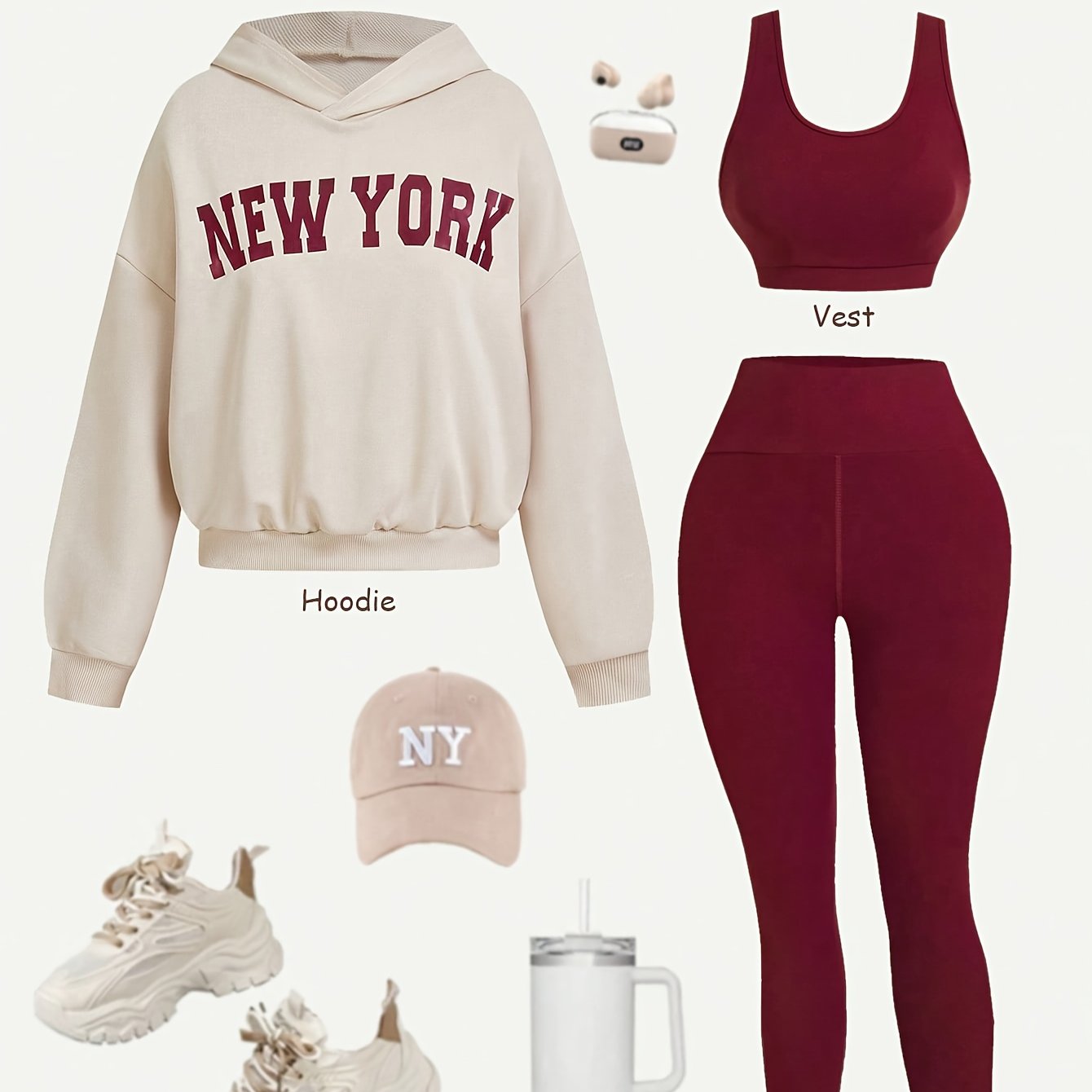 TEMU Yoga Basics Women's Loose Sweatshirt Solid Color Slim 3pcs Set