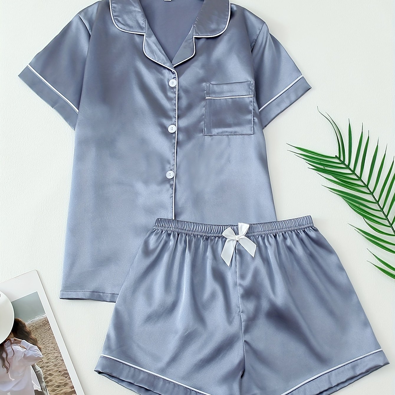 TEMU Women' Satin Set, Short Sleeve Buttons Lapel Top & Shorts, Comfortable Relaxed Fit