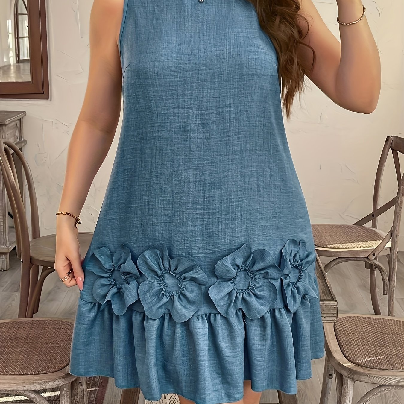 TEMU Women's Sleeveless Floral Applique Dress - Light Blue Hem Bodycon Midi Dress With Round Neck, Vacation & Casual , Cute Dress, Summer Fashion,