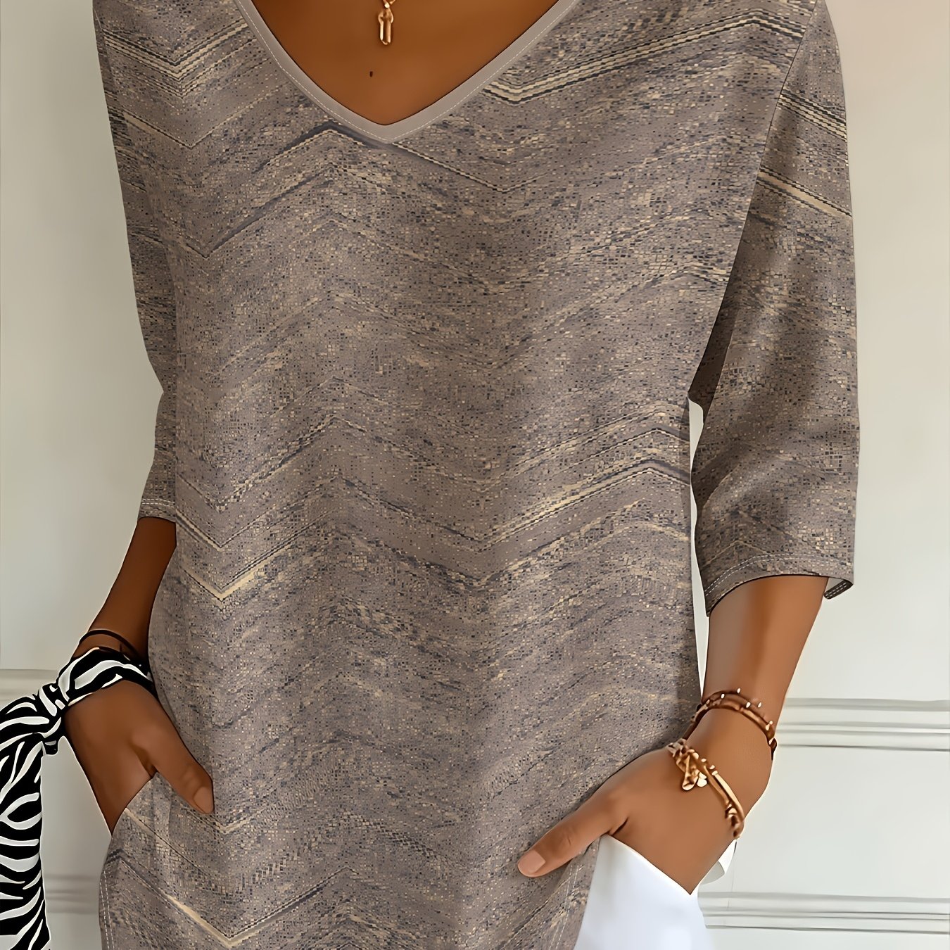 TEMU Plus Size, Grey Base With Full-print Wavy Texture, Elegant Women's V-neck Three-quarter Sleeve Loose-, Plus Size, Versatile For Daily Wear