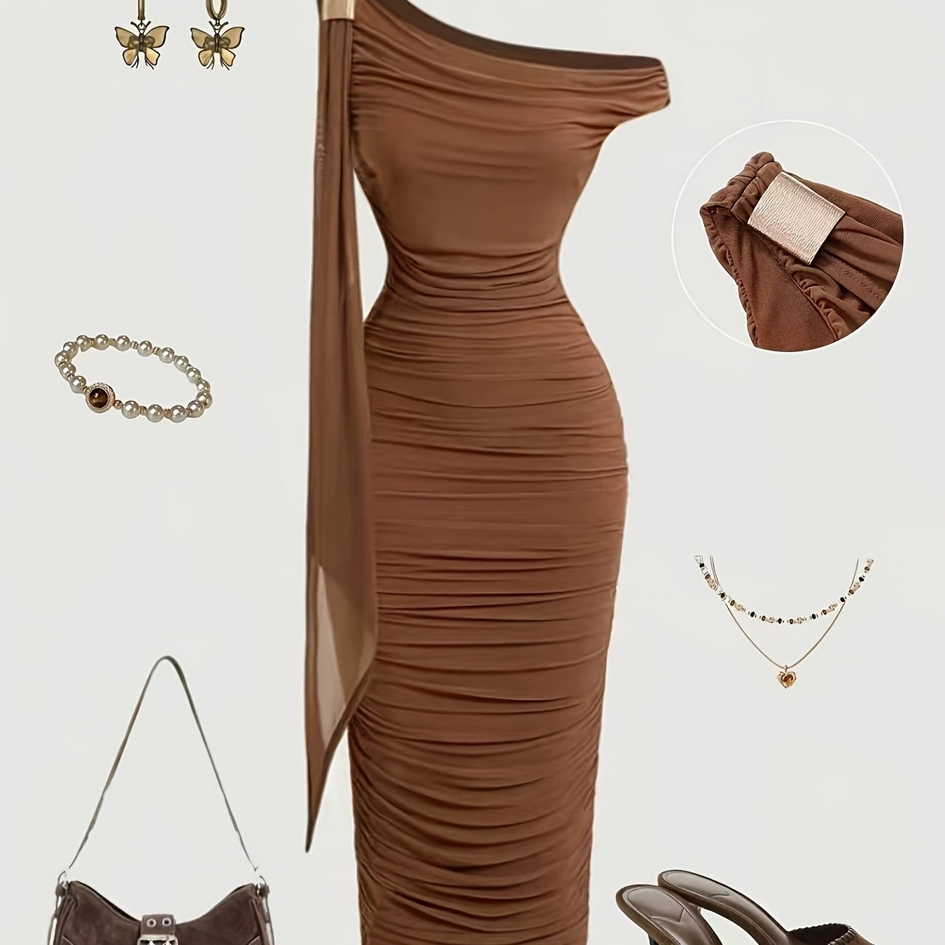 TEMU Women'-shoulder Ribbon Pleated Waist-cinching Hip-wrapping Midi Dress With Metal Accents, Elegant And