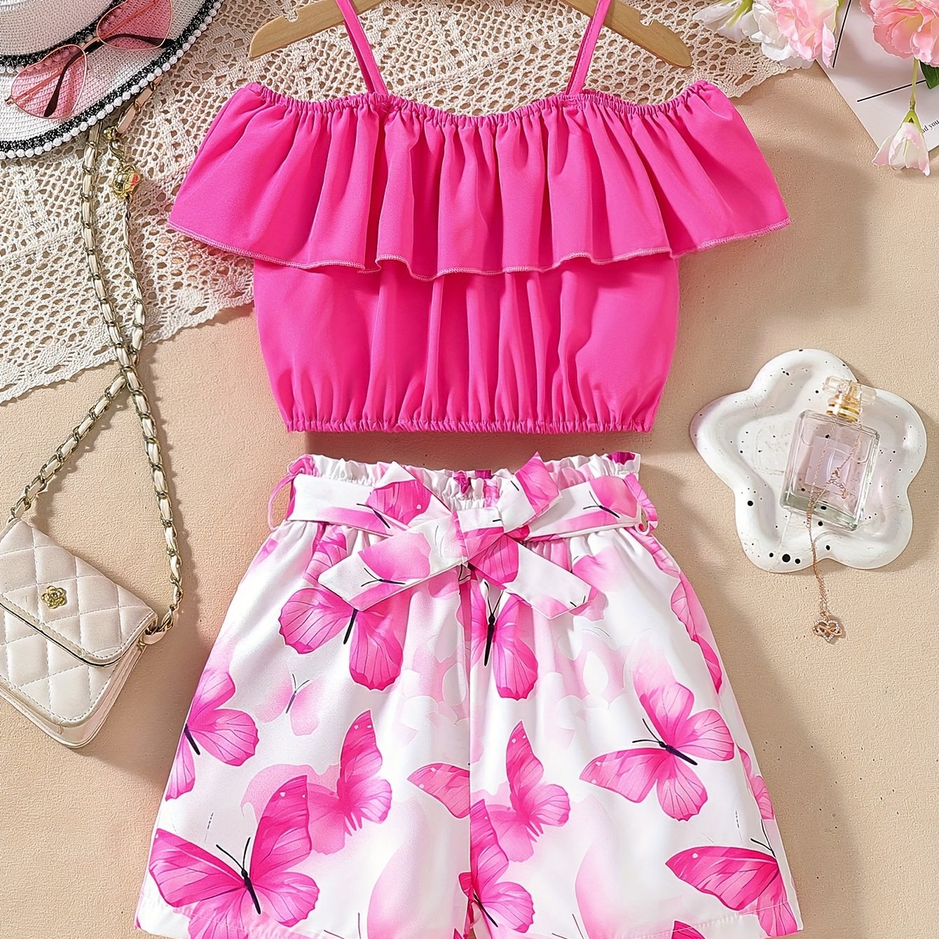 Image of Elegant And Fashionable Off-shoulder Halter Top + Casual Shorts Set, Girls, 2pcs, Polyester, Ruffle Collar, Solid Color, Top, Shorts, Print, With Belt, Unpadded, , Youth Sizes, Perfect For Outdoor