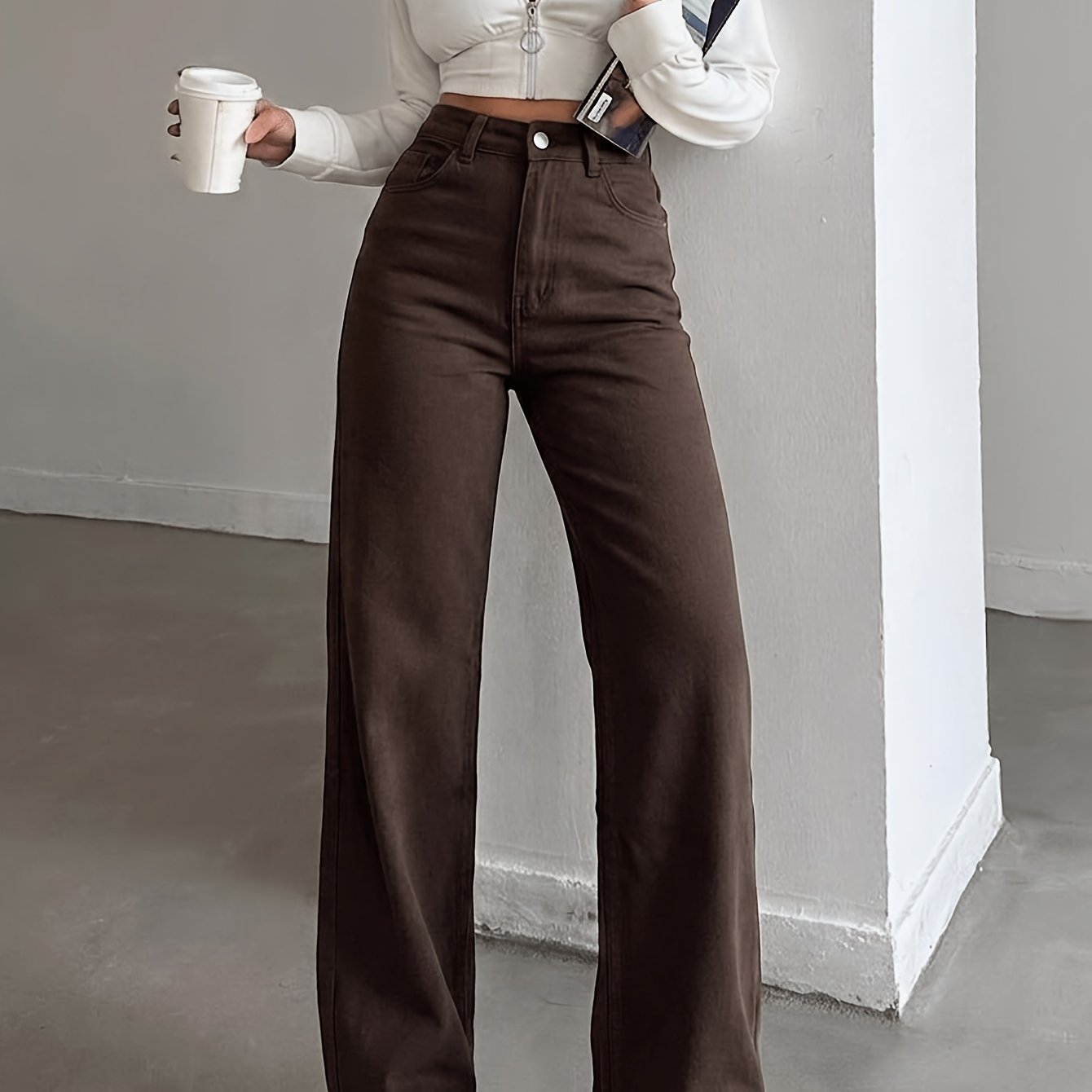 Image of 2026 Loose Straight-leg Jeans, Coffee-colored Women's Casual Jeans With Pockets, Comfortable High-waist Pants, Elegant Ladies' Apparel, Suitable For Travel, Work, And Office Wear, Refreshing Jeans