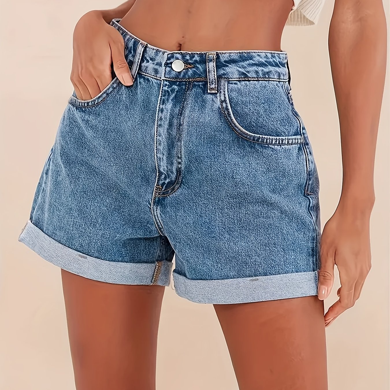 Image of Women's Stretch Jeans Shorts - Non-see-through Stretch Denim-like Texture, Machine Washable Casual Everyday & Formal Shorts For Women - Elegant Stretch Shorts For Jeans Alternatives