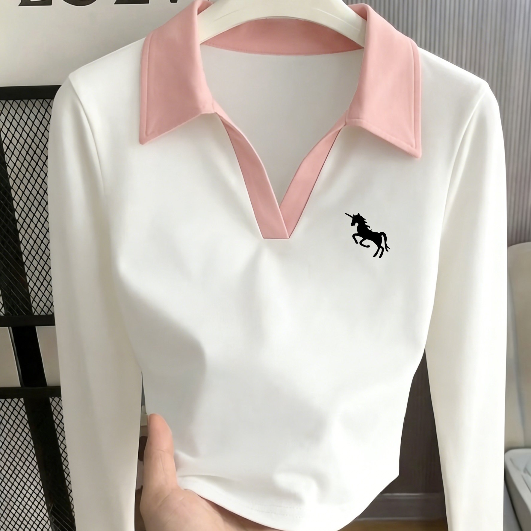 TEMU Women's Spring/summer Fashion Trend Y2k Spicy Lapel, Trendy Fashion Horse Creative Print Pattern Women's Top, Collar Long Sleeve, Elegant