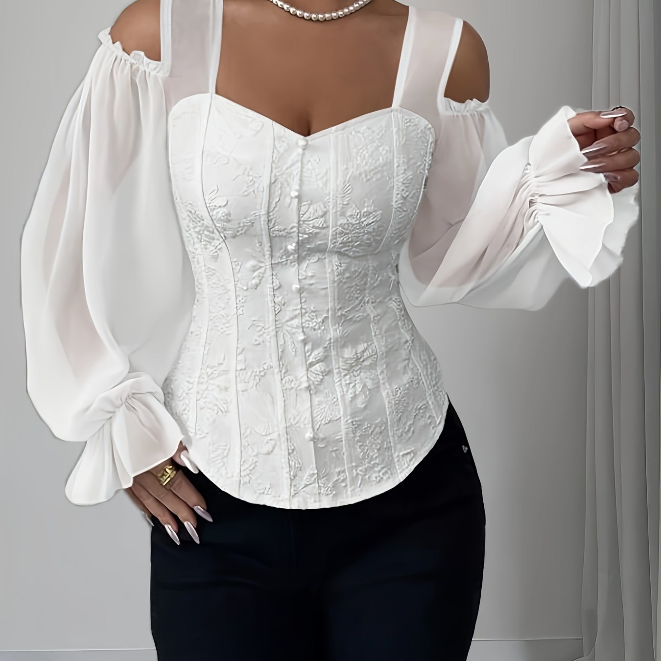 Fashionable Open- With Floral Jacquard Long Sleeves And Adjustable Shoulder Straps
