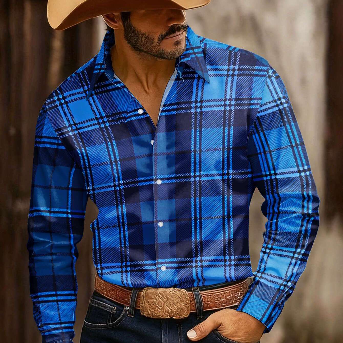 TEMU camicia a maniche lunghe da con motivo a quadri intrecciato blu chiaro e scuro, top casual versatile per pendolari, camicia abbottonata lavabile